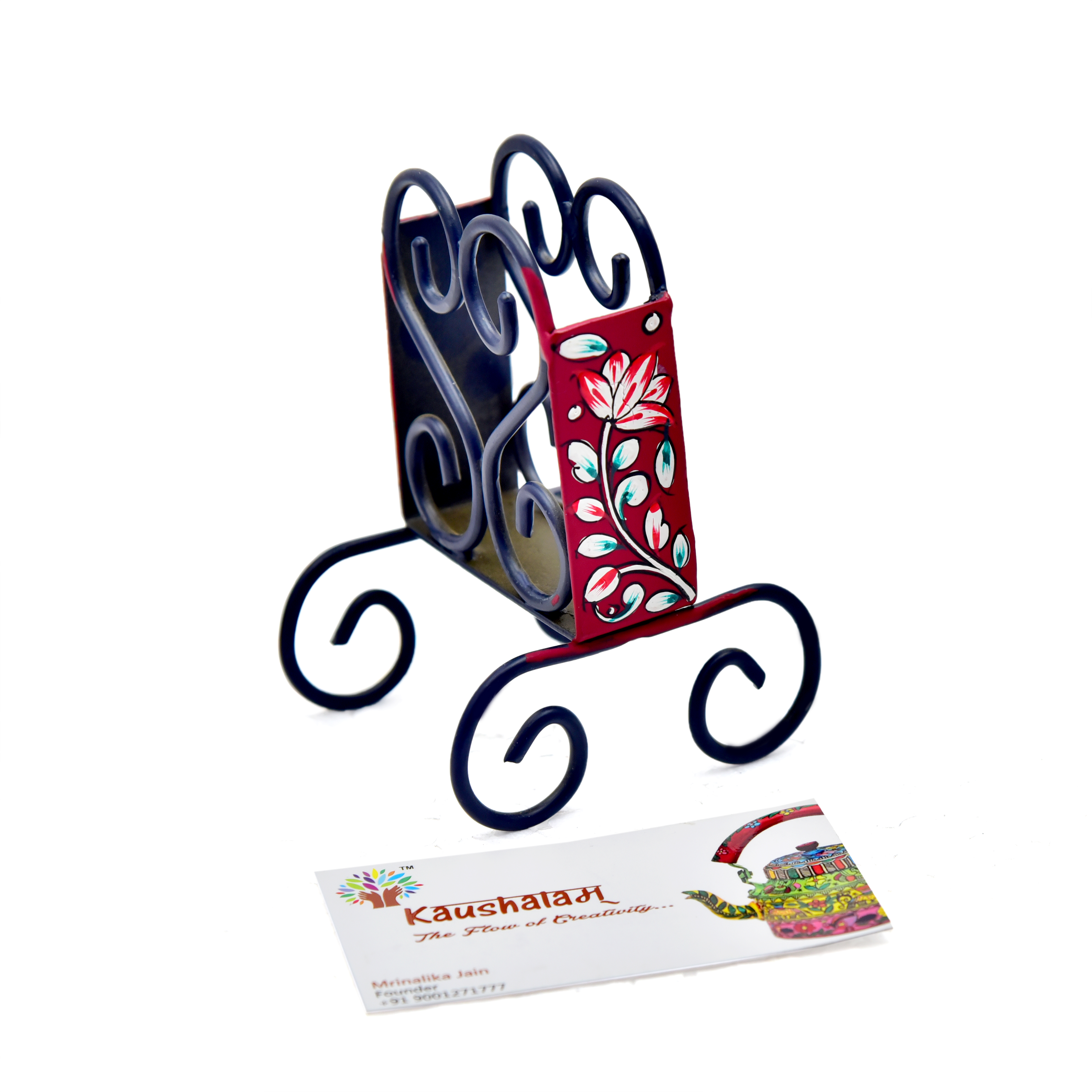 Hand Painted Business Card Holder - Dark Blue & Red