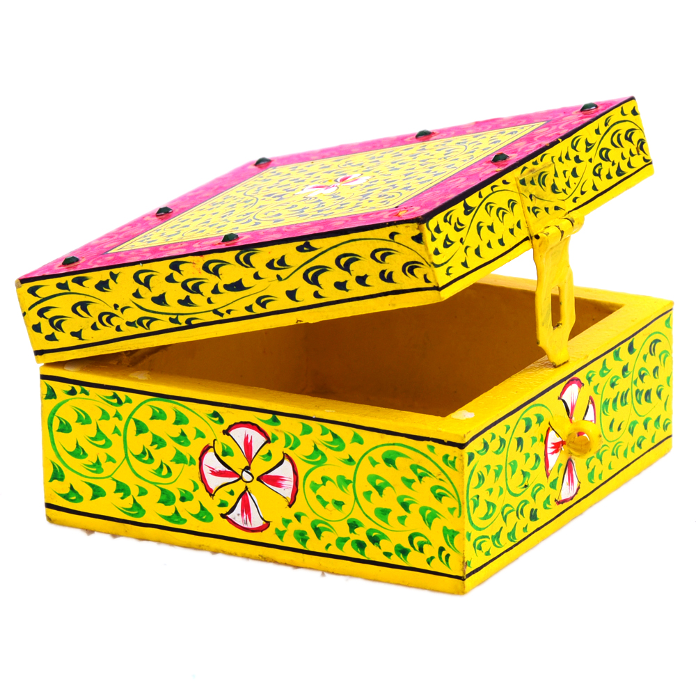 Hand painted Wooden Square Box : Jewelry Box, Yellow Knick-Knack Box