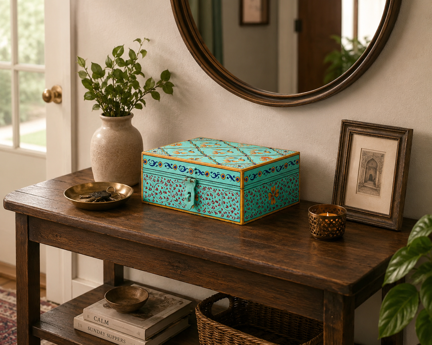 Hand-painted Jaipur Jaali keepsake box in turquoise blue with floral motifs, decorative MDF jewelry and storage box handmade by Kaushalam artisans