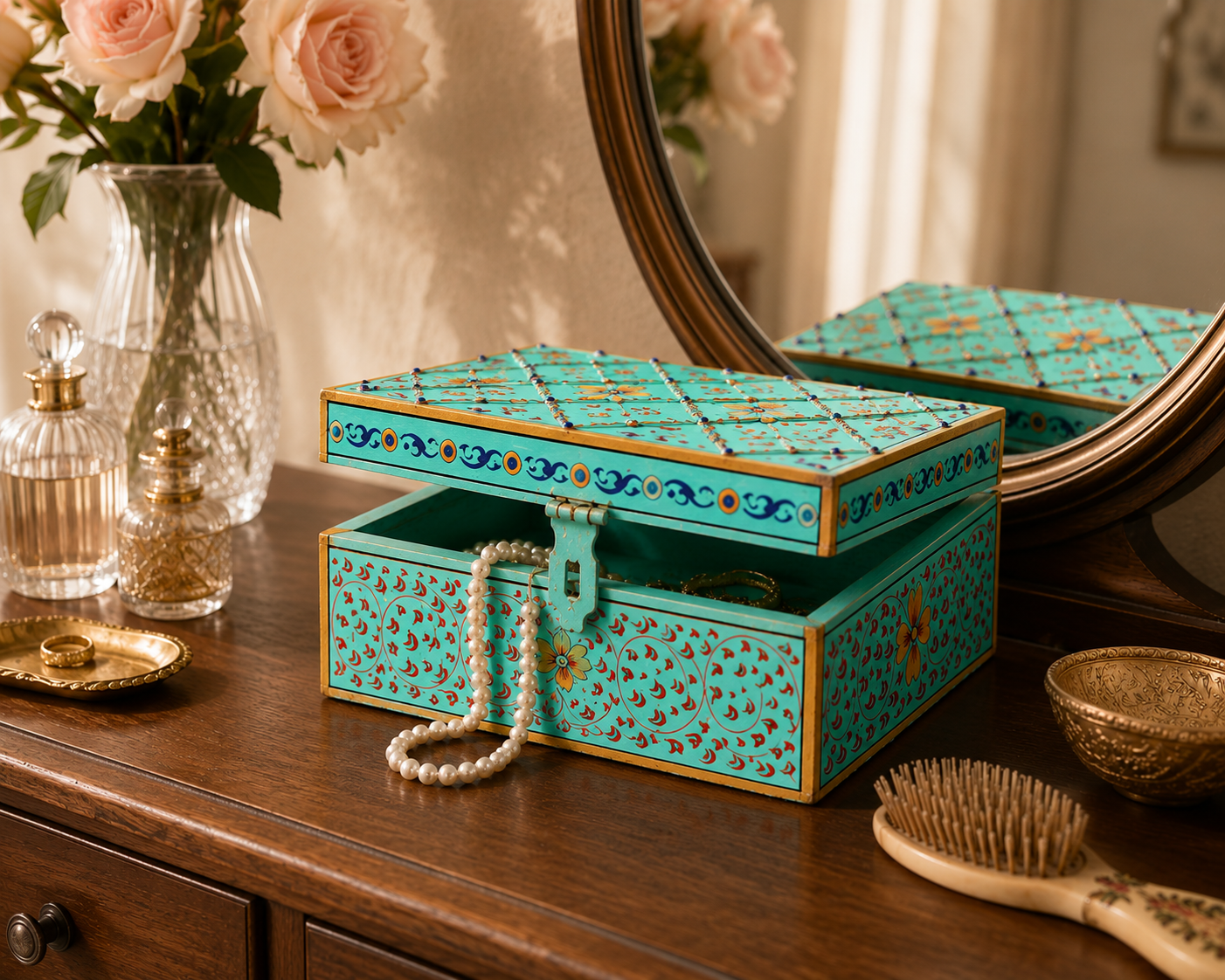 Open hand-painted Jaipur Jaali keepsake box showing storage compartment, turquoise decorative MDF jewelry box handmade in India