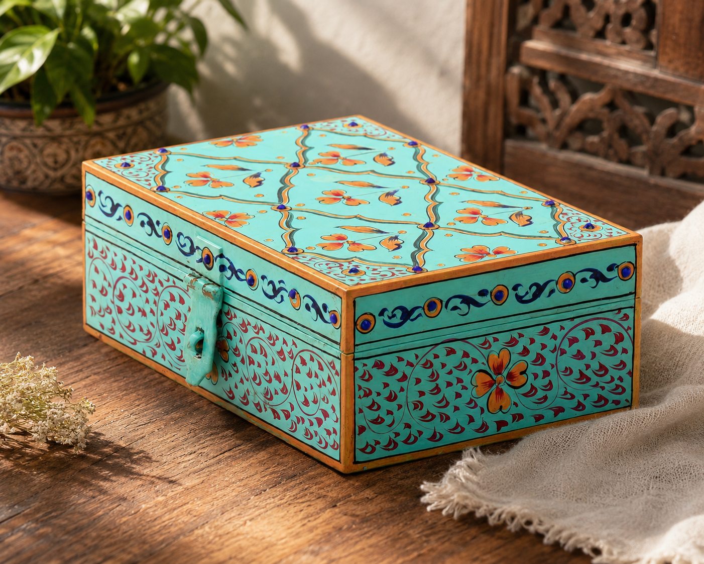 Hand-painted Jaipur Jaali keepsake box in turquoise blue with floral motifs, decorative MDF jewelry and storage box handmade by Kaushalam artisans