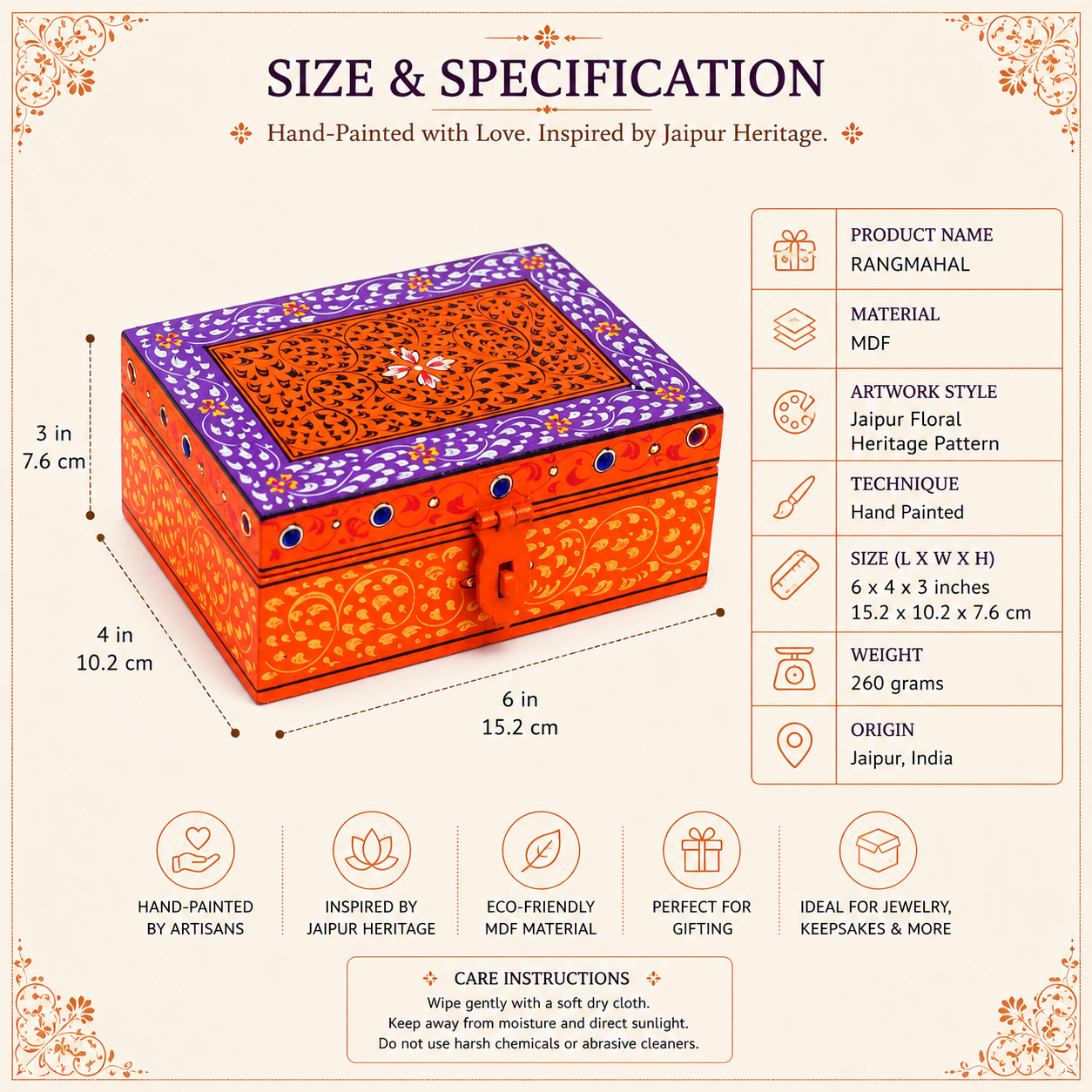 Hand-painted orange and purple keepsake box displayed on a dressing table, artisan jewelry and memory storage box inspired by Rajasthan