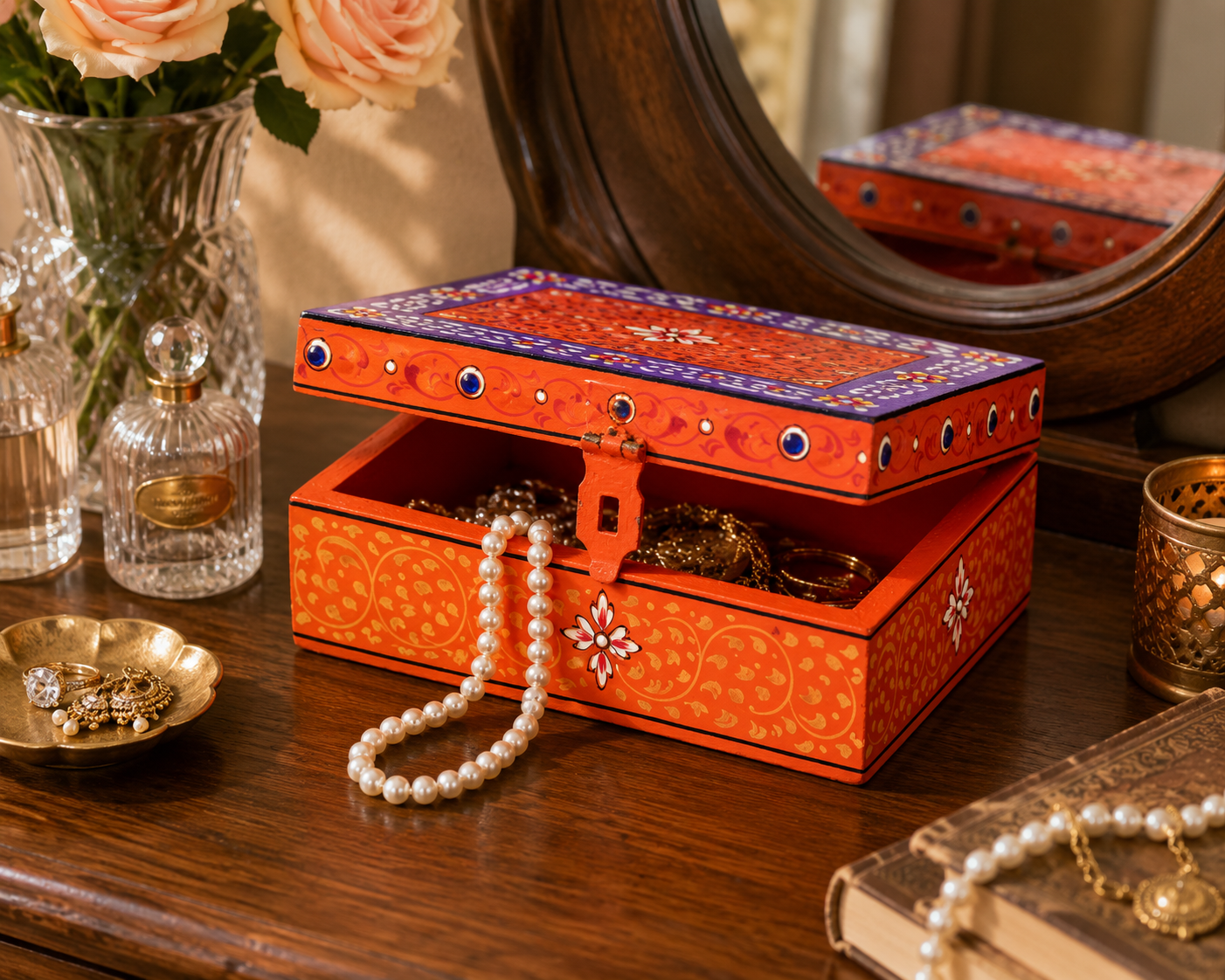 Hand-painted orange and purple keepsake box displayed on a dressing table, artisan jewelry and memory storage box inspired by Rajasthan