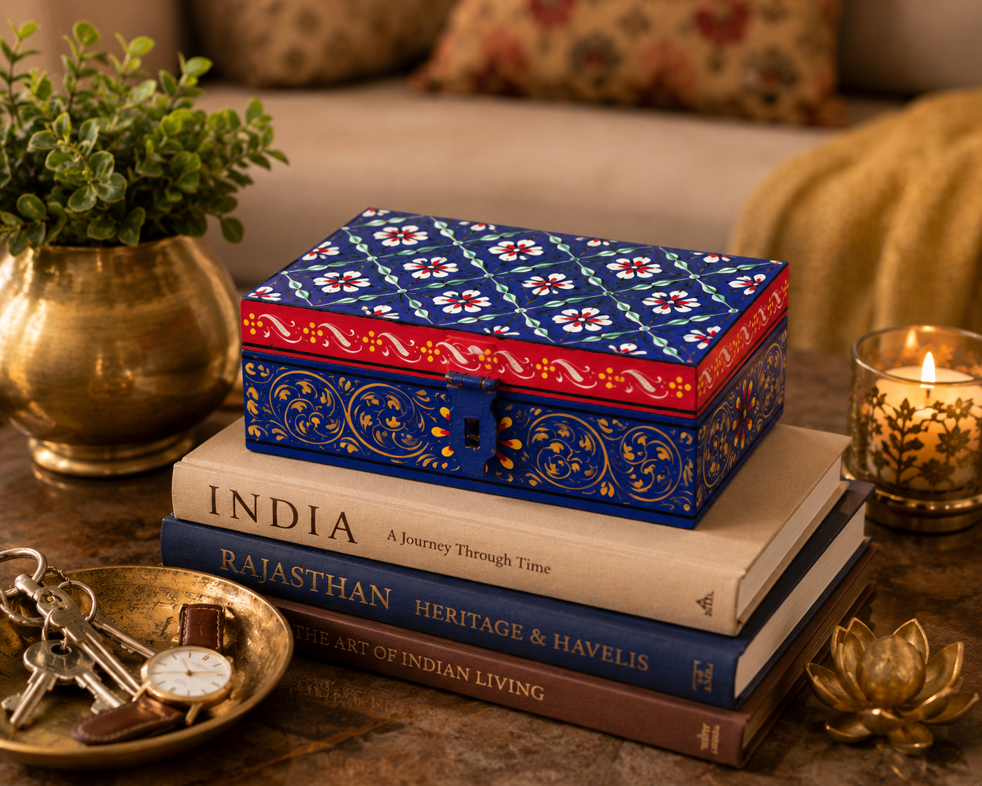 NEELKUNJ hand-painted keepsake box in royal blue with floral lattice artwork and gold detailing, decorative jewelry storage box handmade by Kaushalam artisans