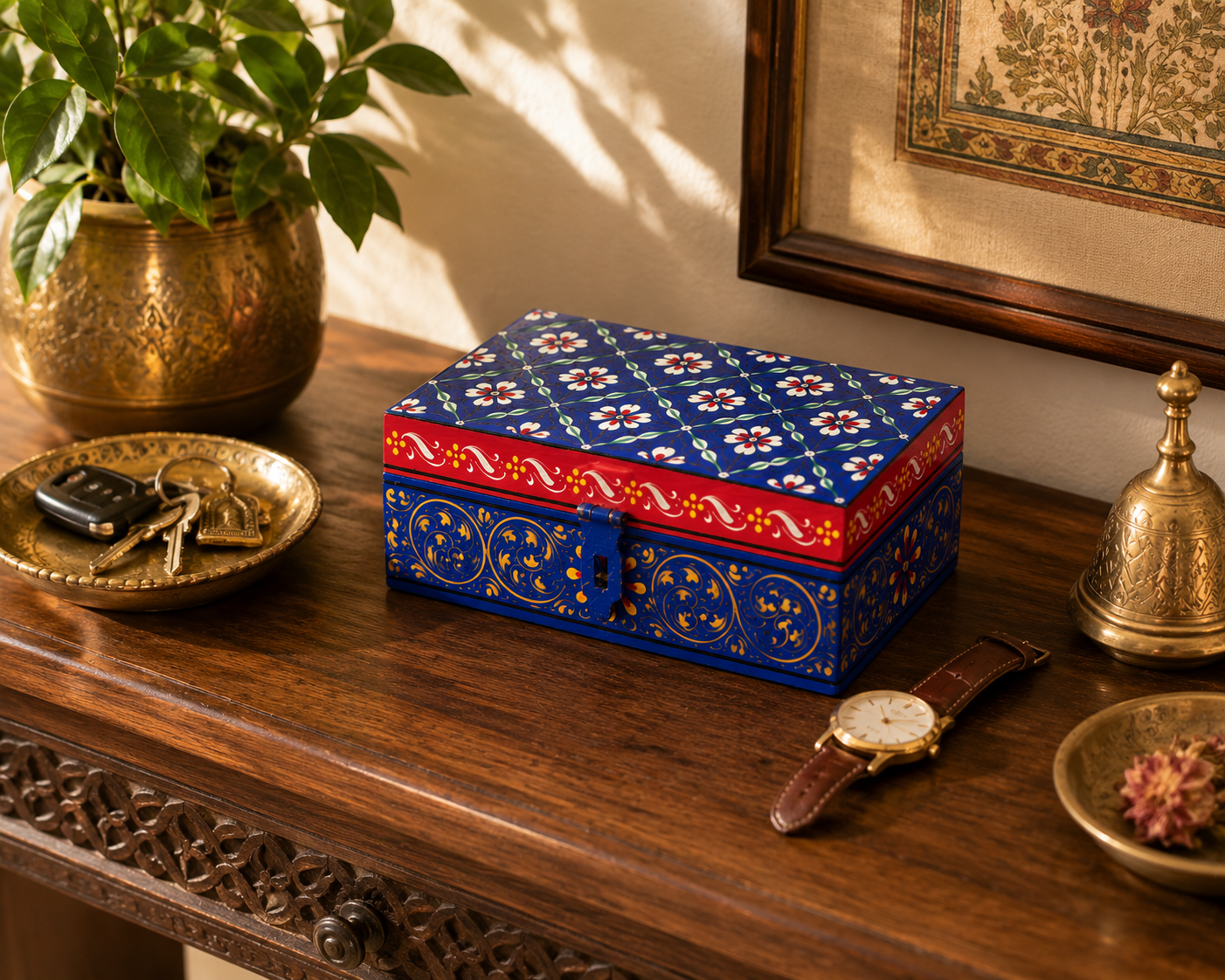 NEELKUNJ hand-painted keepsake box in royal blue with floral lattice artwork and gold detailing, decorative jewelry storage box handmade by Kaushalam artisans