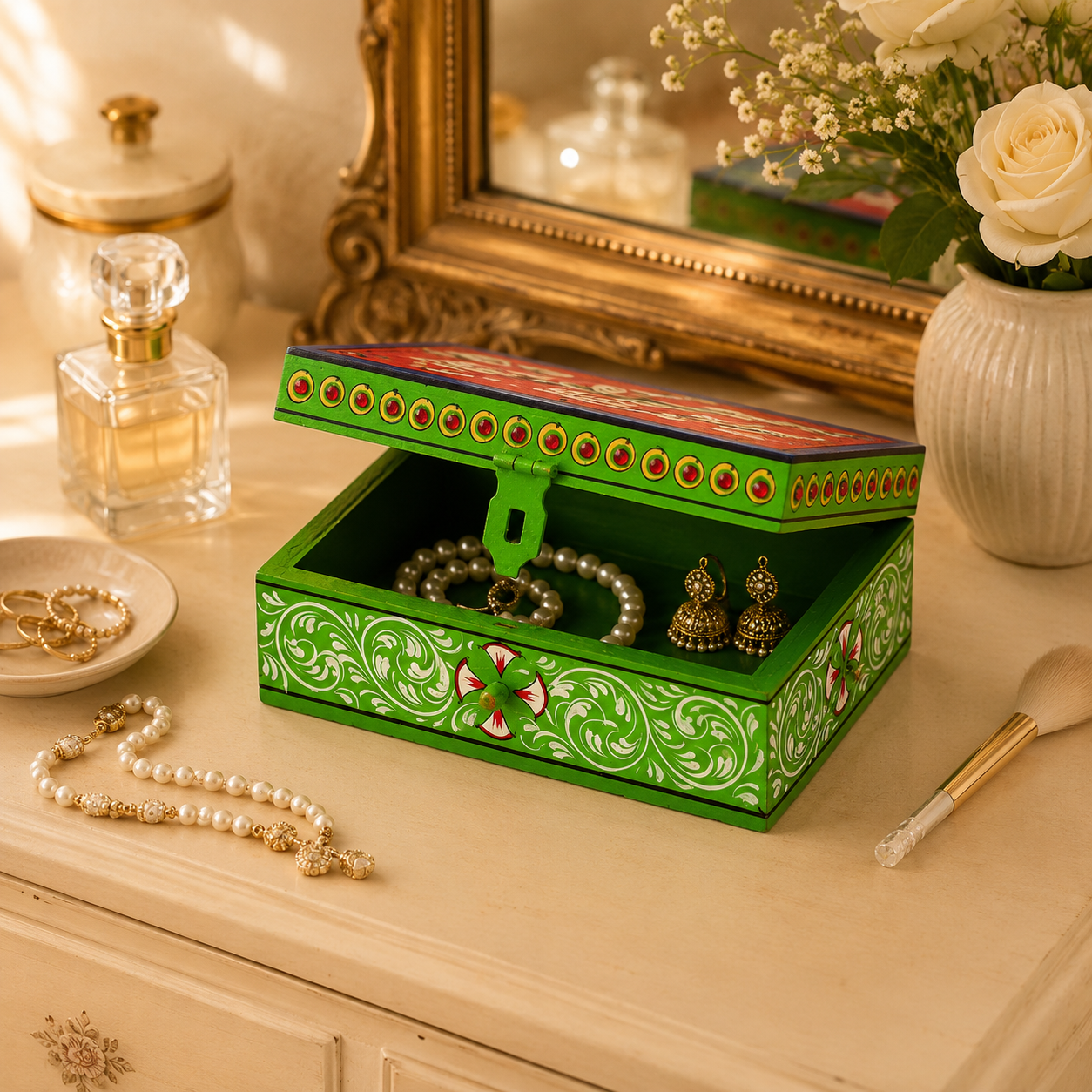 VASANTIKA hand-painted keepsake box in green with floral artwork, decorative jewelry storage box handmade by Kaushalam artisans