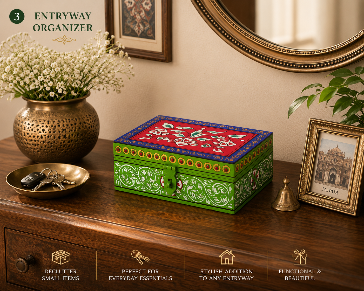 VASANTIKA hand-painted keepsake box in green with floral artwork, decorative jewelry storage box handmade by Kaushalam artisans