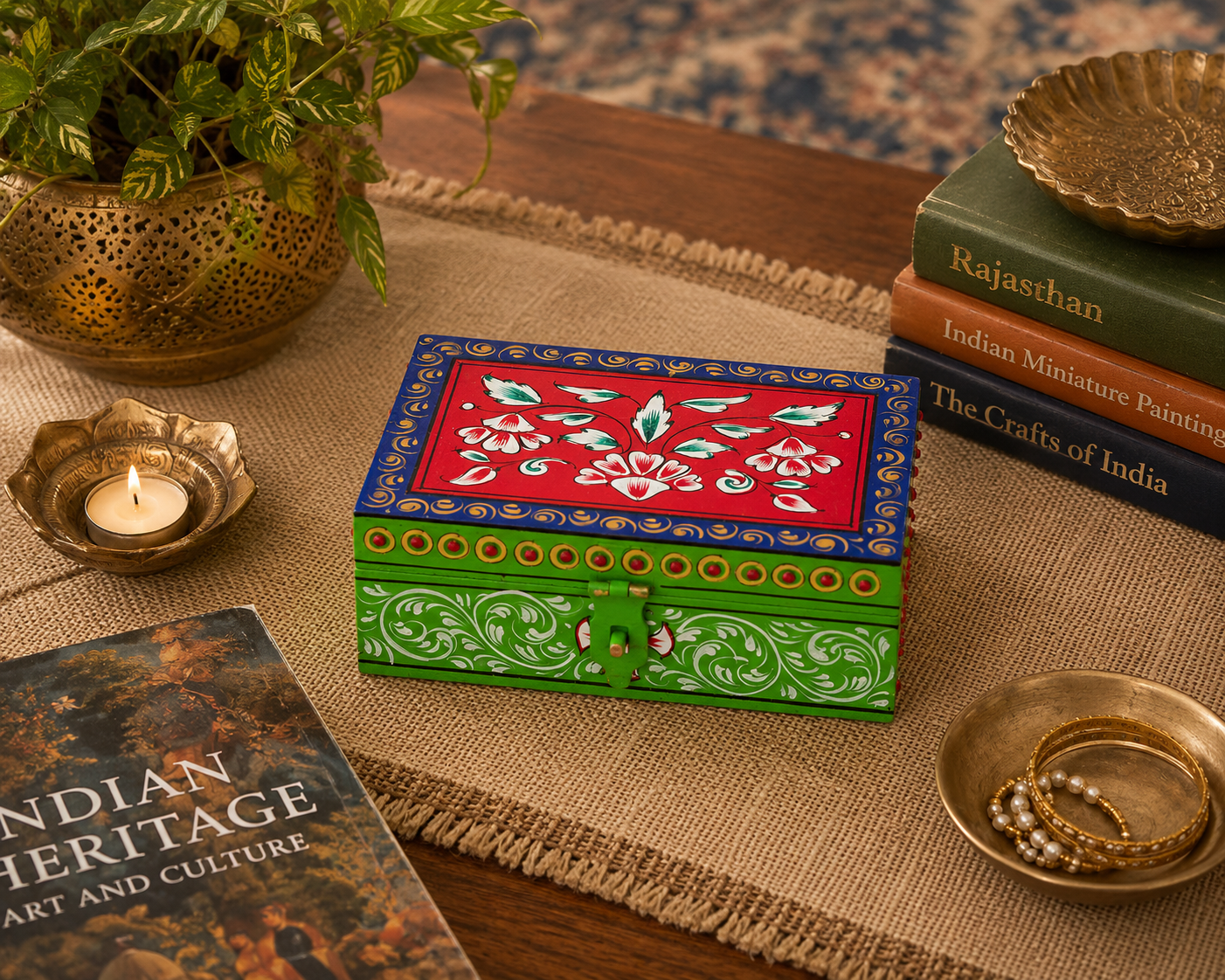 VASANTIKA hand-painted keepsake box in green with floral artwork, decorative jewelry storage box handmade by Kaushalam artisans
