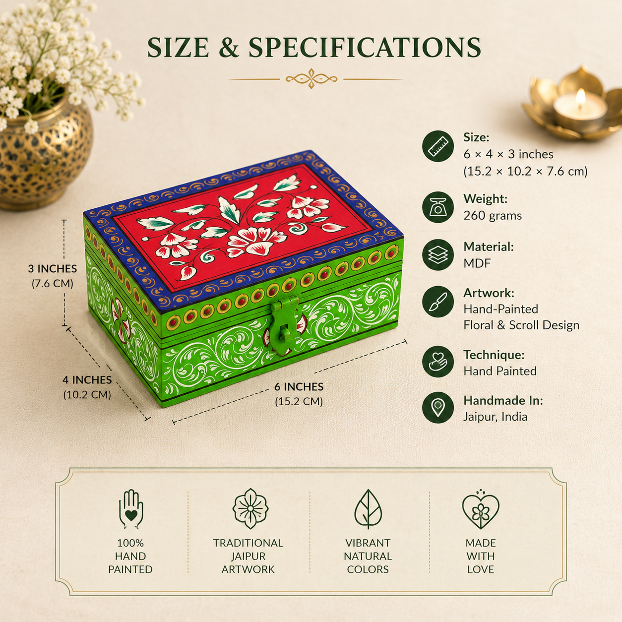 VASANTIKA hand-painted keepsake box in green with floral artwork, decorative jewelry storage box handmade by Kaushalam artisans
