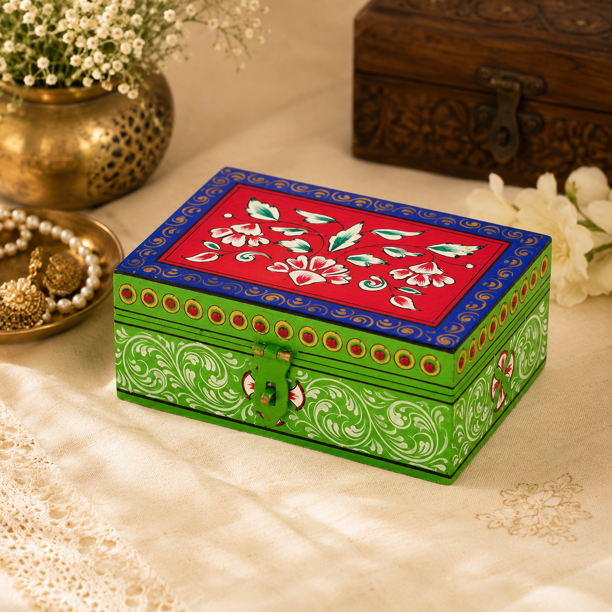 VASANTIKA hand-painted keepsake box in green with floral artwork, decorative jewelry storage box handmade by Kaushalam artisans
