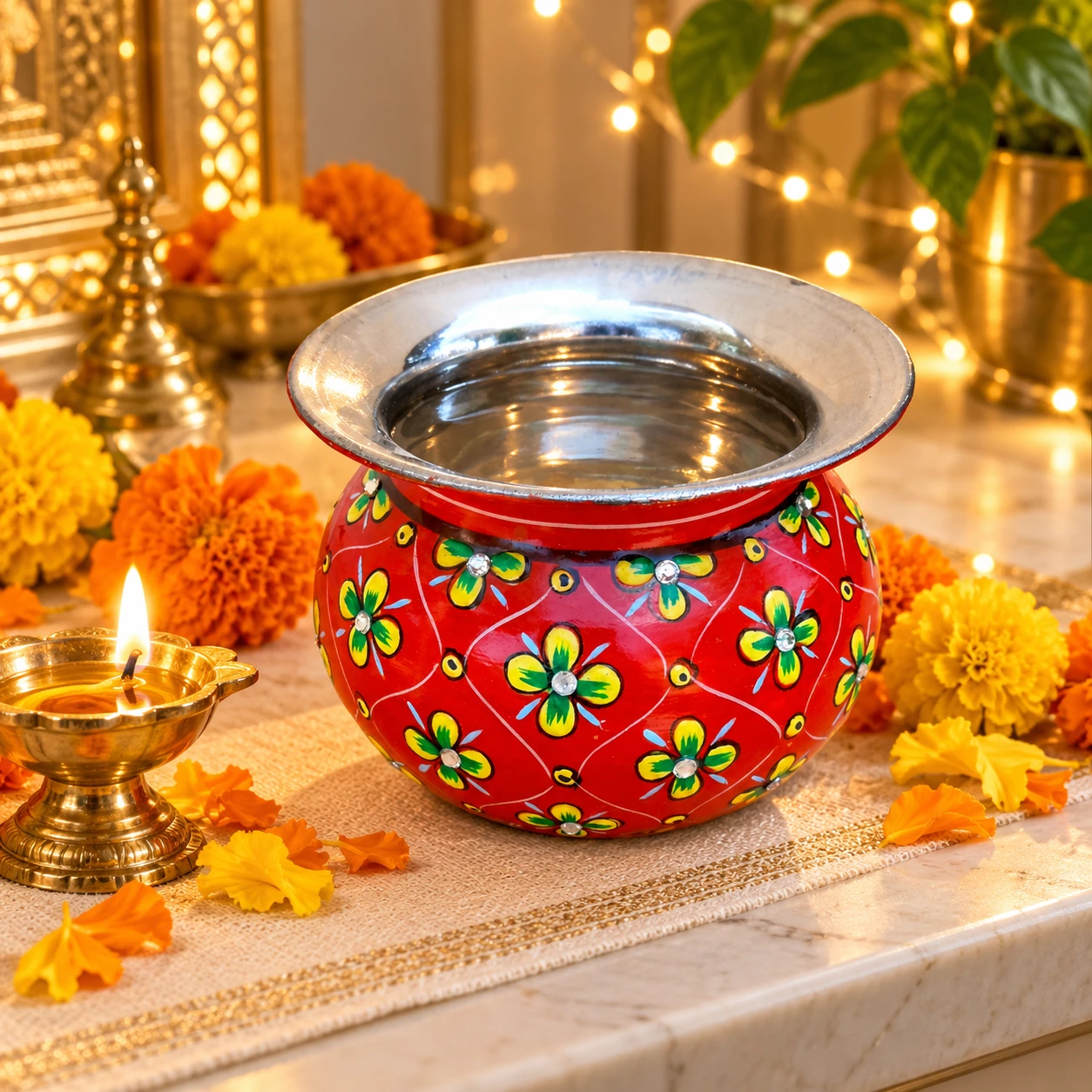 Hand Painted Kalash - Red Puja Kalash