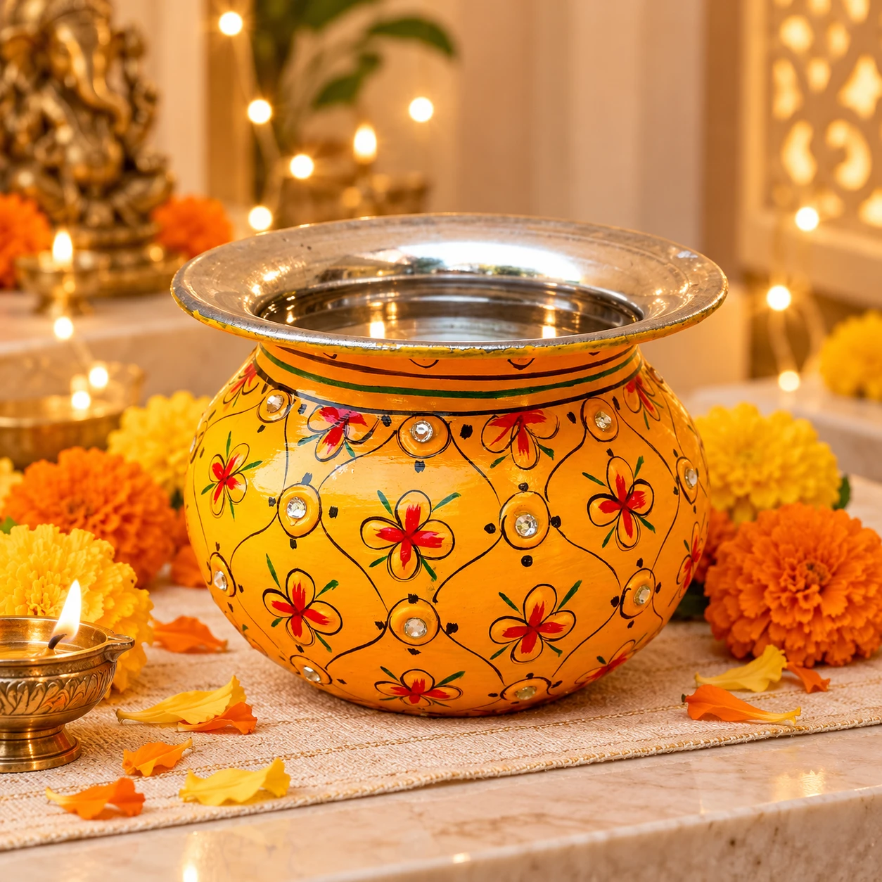 Hand Painted Puja Kalash -  Yellow Kalash | Lota