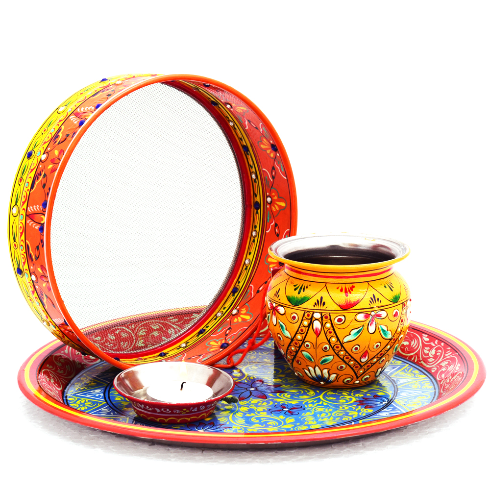 Karwa Chauth Set - Hand Painted Plate, Chalni, Diya ,Kalash