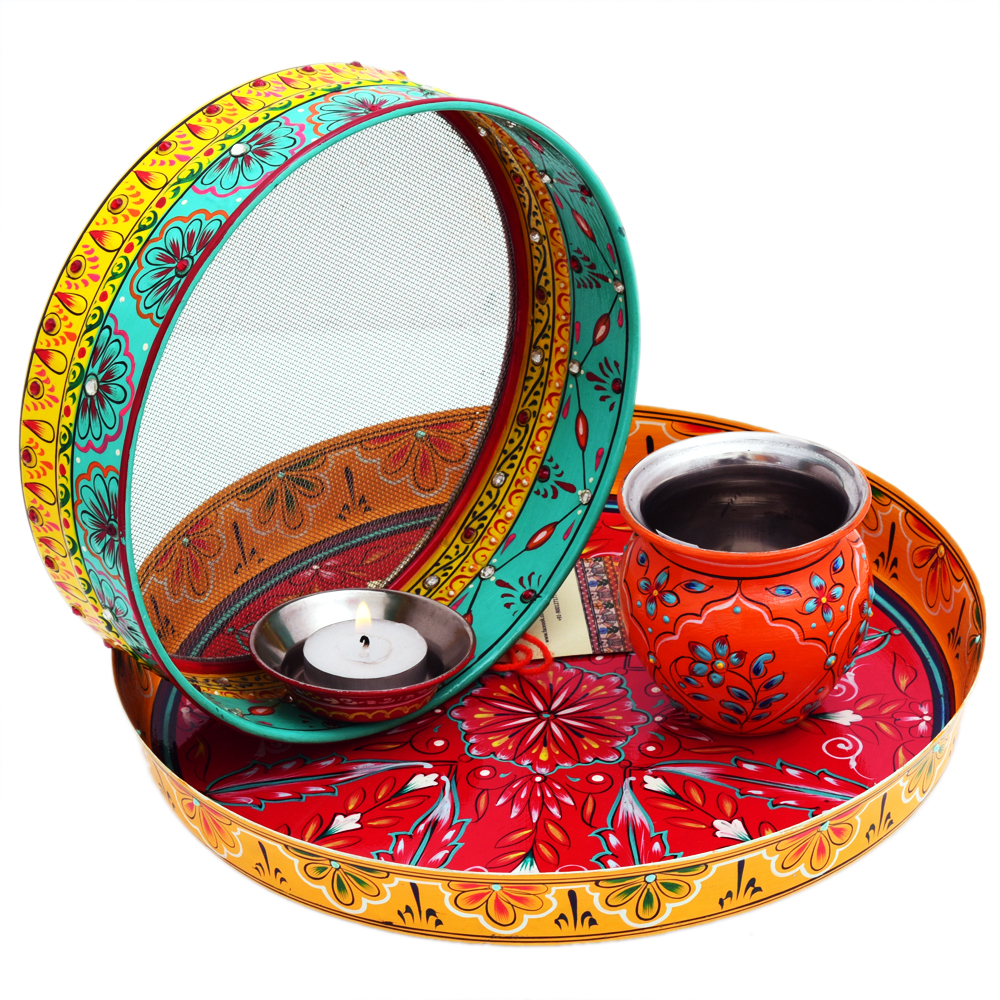 Karwa Chauth set - Puja Thali Chalni, Diya and Kalash Set