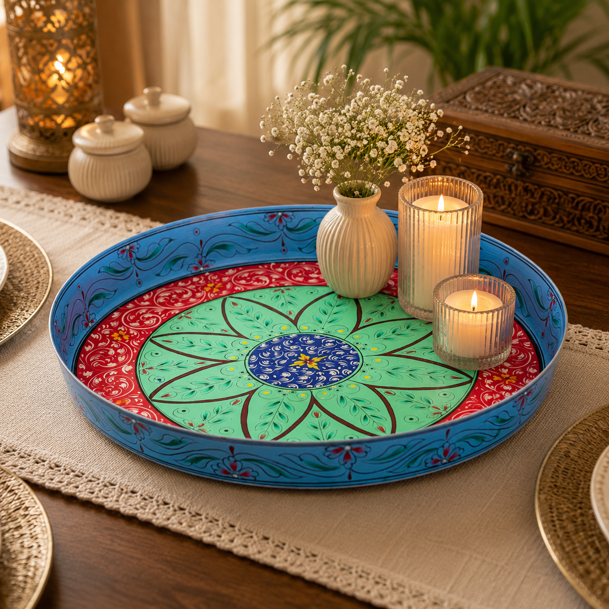 Hand Painted Round Serving Tray : Puja Plate