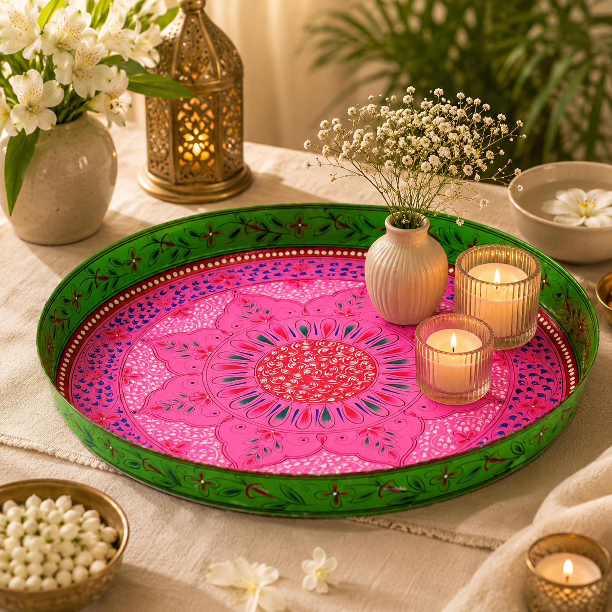 Round Tray plate- Puja Thali- Pink