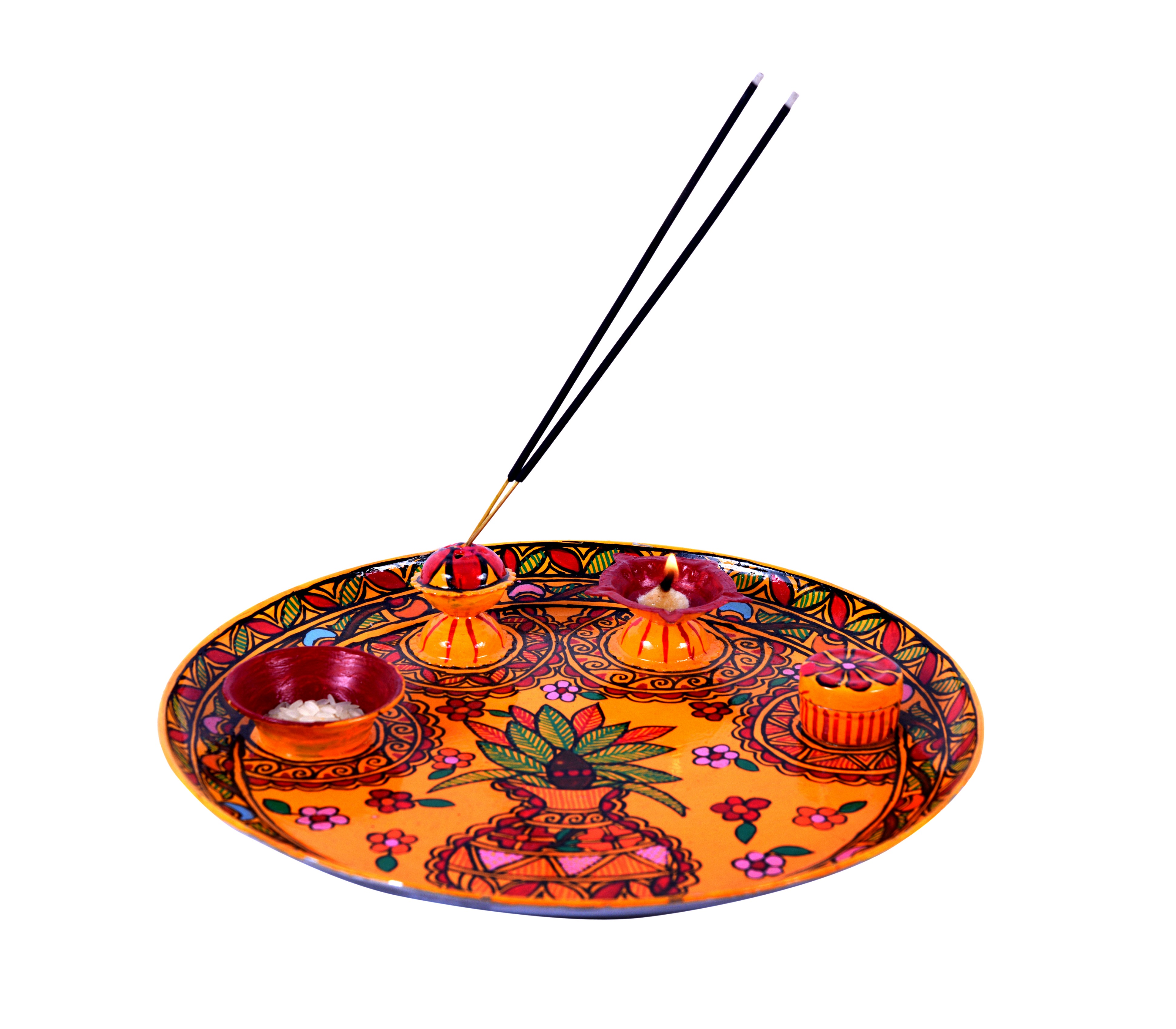 Hand Painted Puja Thali with diya, Incense stick holder