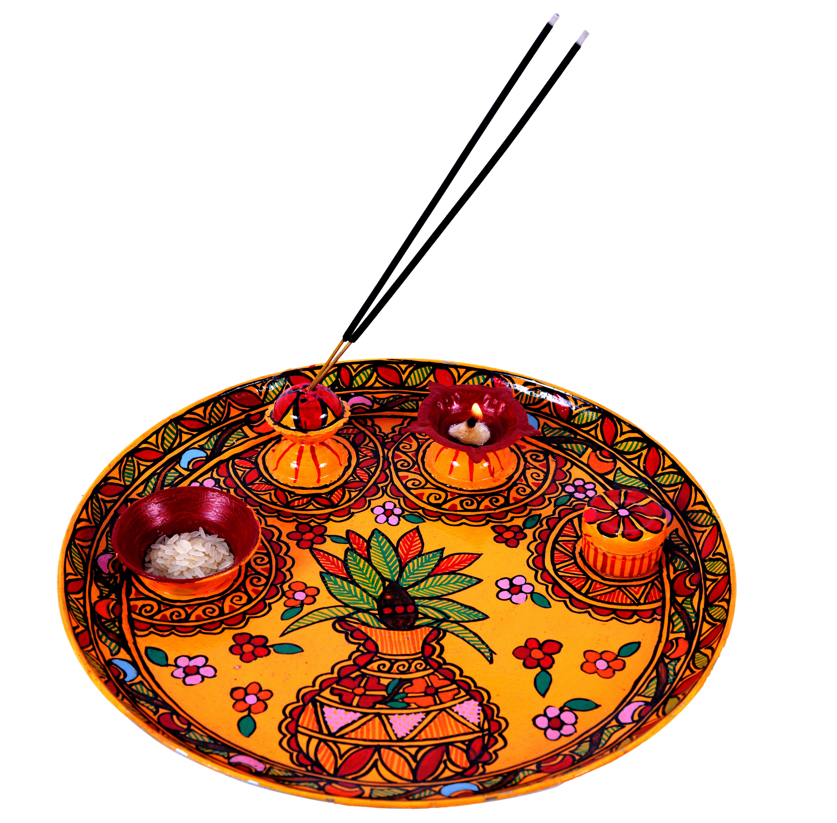 Hand Painted Puja Thali with diya, Incense stick holder