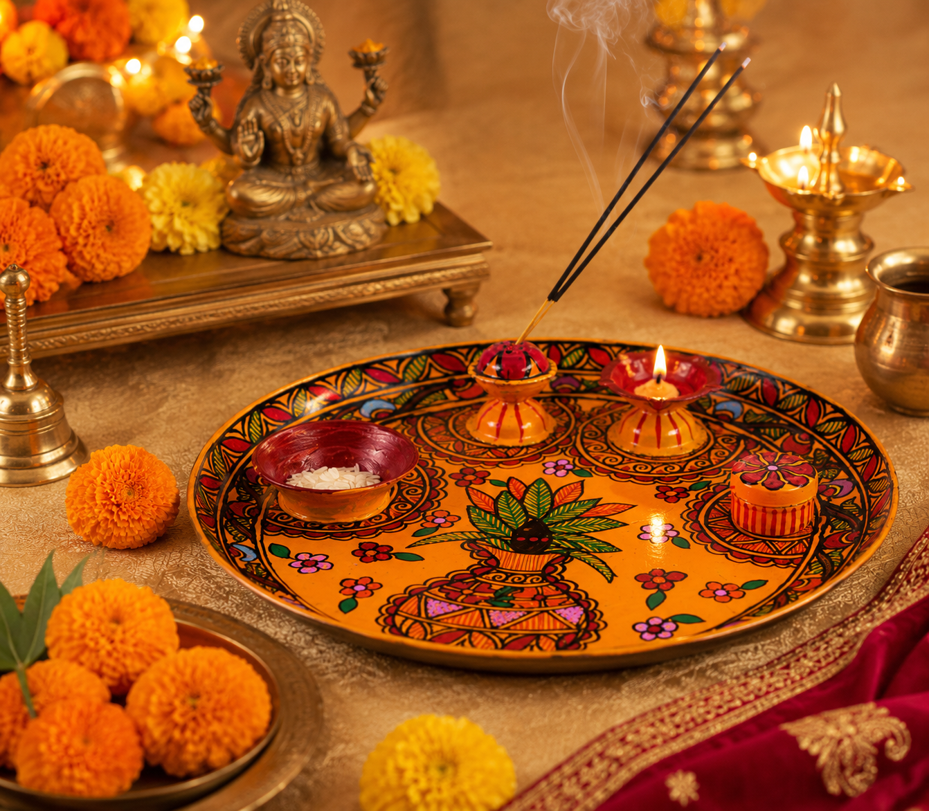Hand painted puja thali with diya and agarbatti stand.