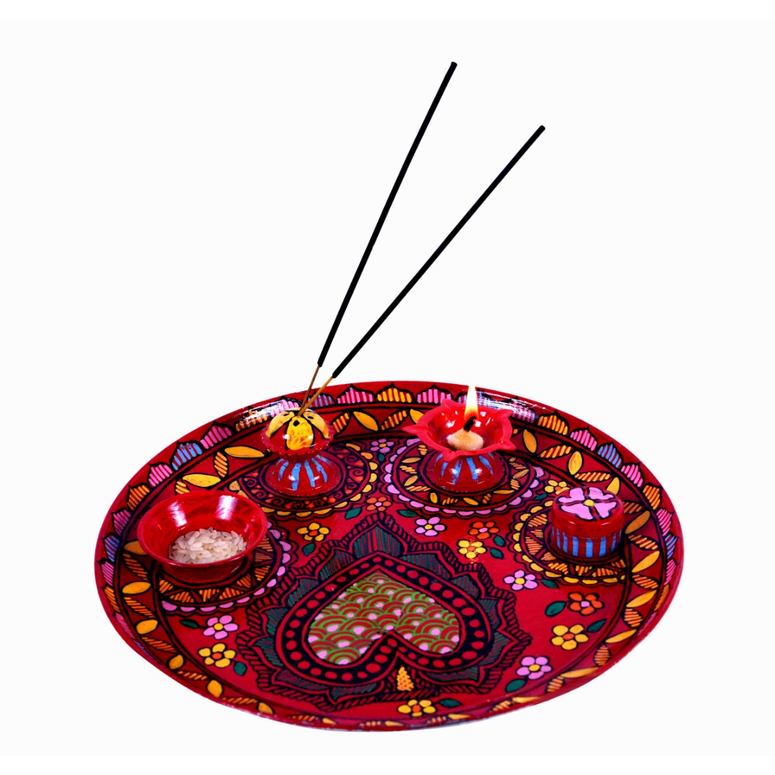 Hand Painted Puja Thali With Diya Hand Painted Puja Thali With Diya
