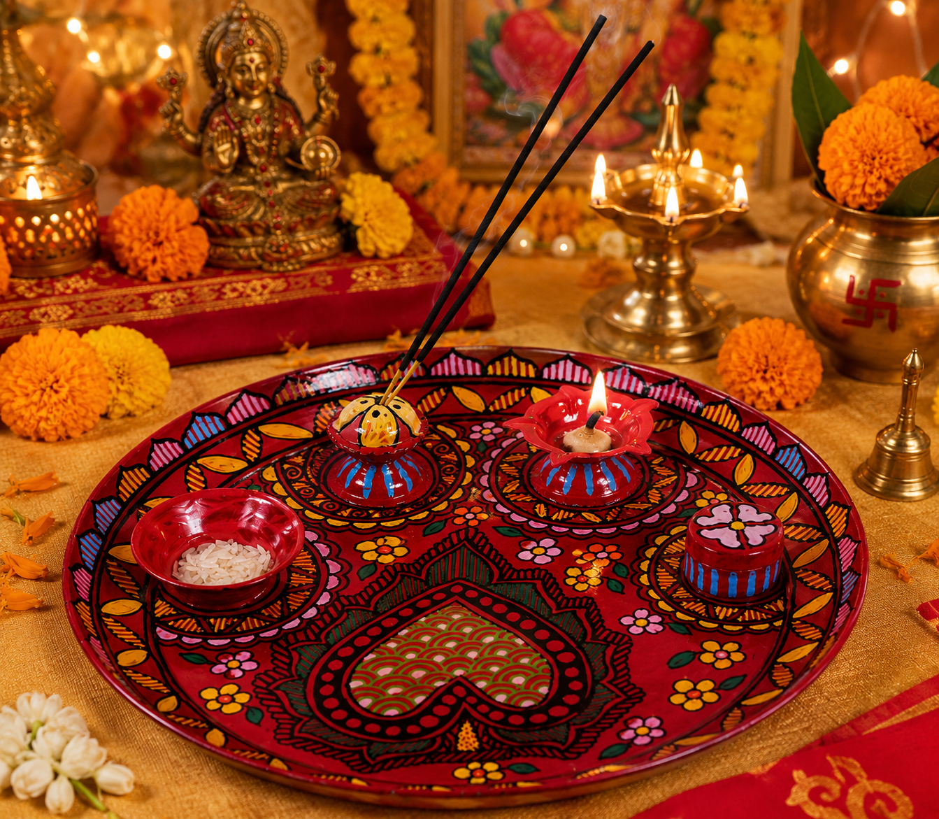 Hand Painted Puja Thali With Diya