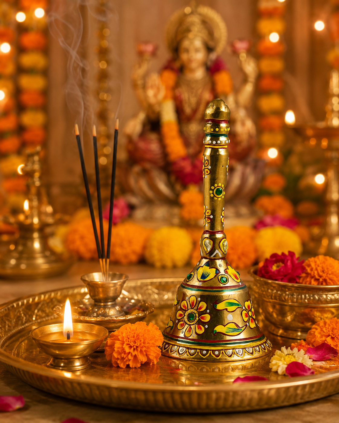 Hand-painted brass puja bell with traditional floral artwork by Kaushalam artisans, decorative prayer bell for home temple and meditation space.