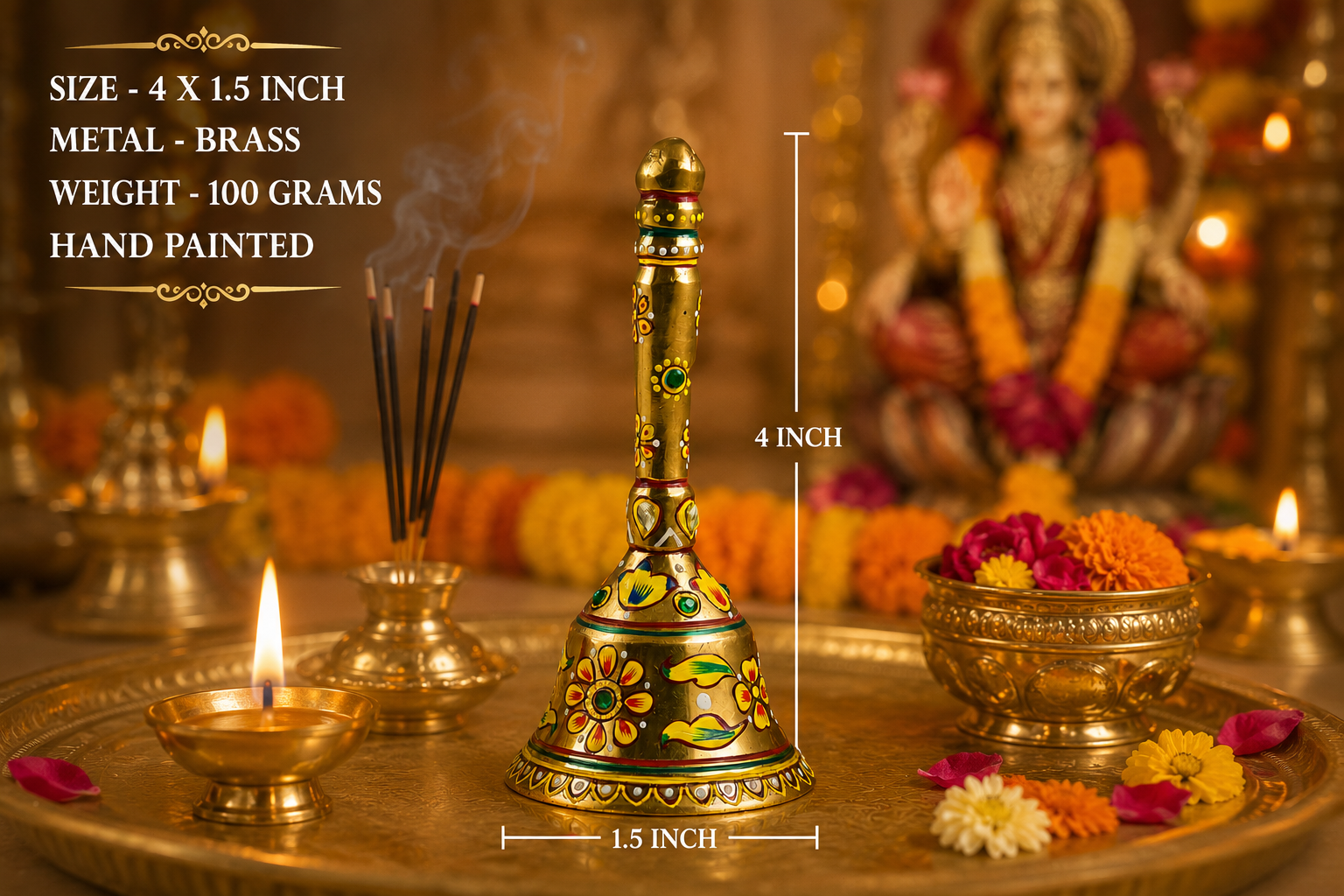 Hand-painted brass puja bell with traditional floral artwork by Kaushalam artisans, decorative prayer bell for home temple and meditation space. Size image.