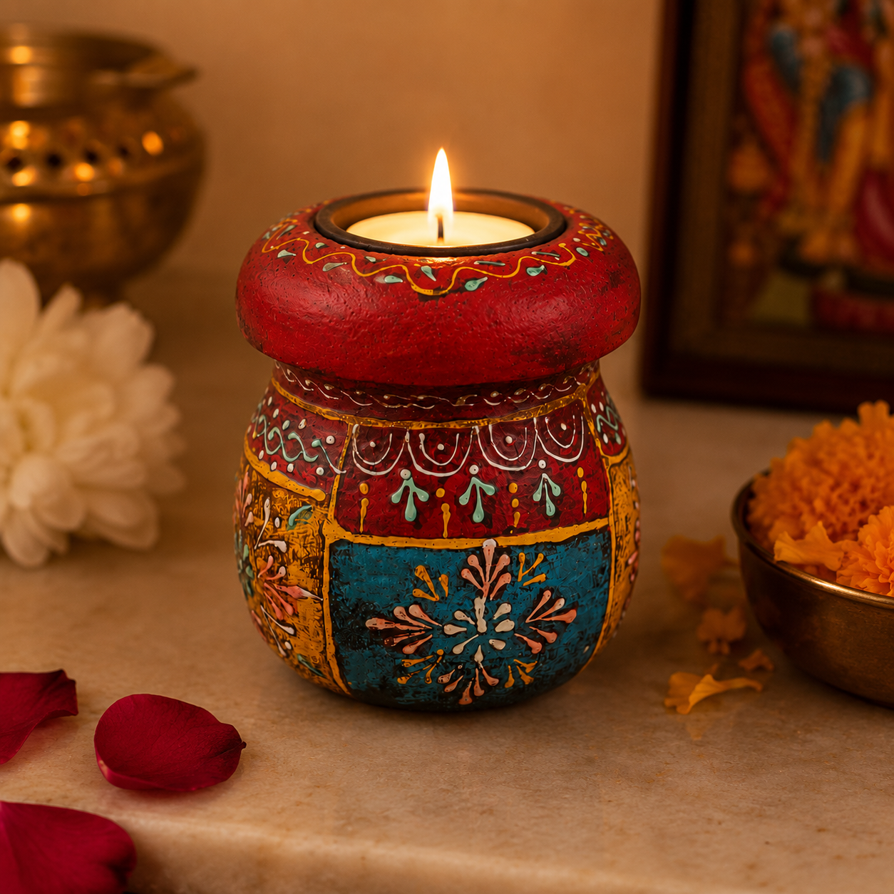 Hand-painted mango wood T-light candle holder featuring traditional Rajasthani folk artwork, artisan-made decorative votive holder for home décor and gifting