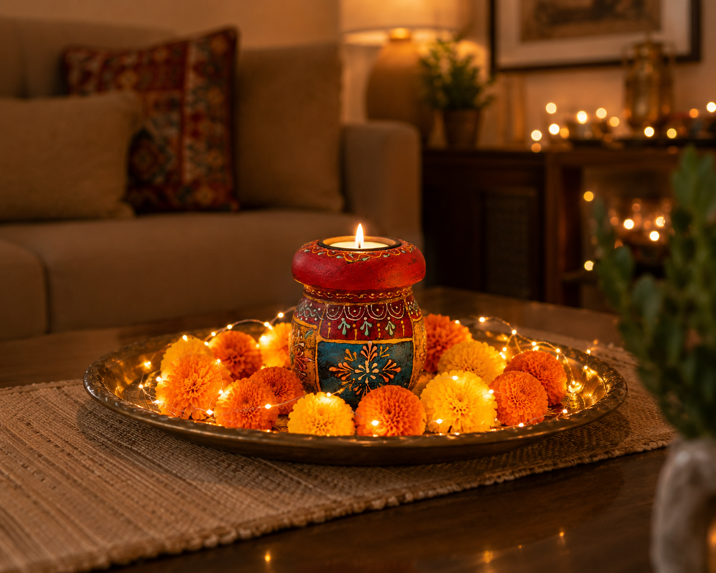 Hand-painted mango wood T-light candle holder featuring traditional Rajasthani folk artwork, artisan-made decorative votive holder for home décor and gifting