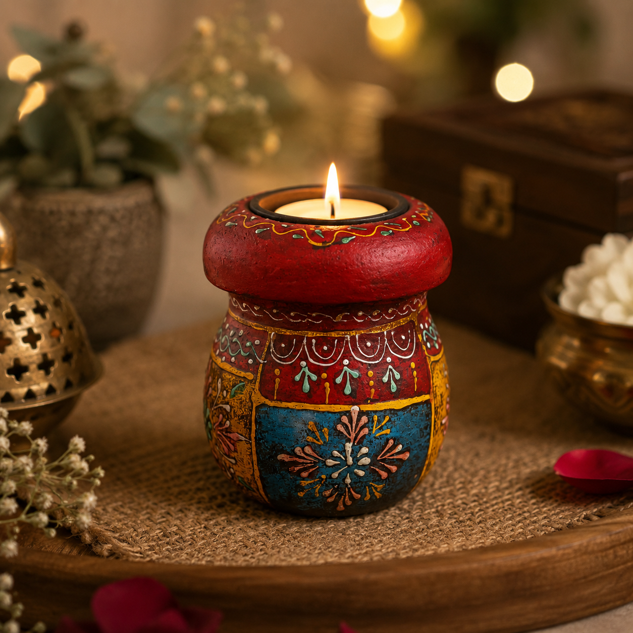 Rangoli: Hand-Painted Mango Wood T-Light Candle Holder