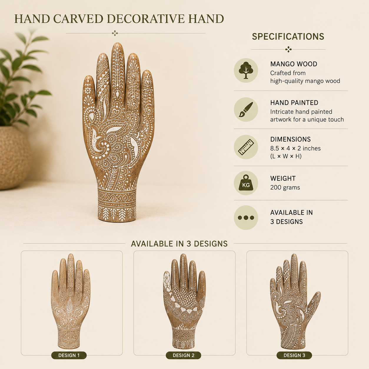 Size and specifications of the hand-carved mango wood decorative hand sculpture with dimensions and weight.