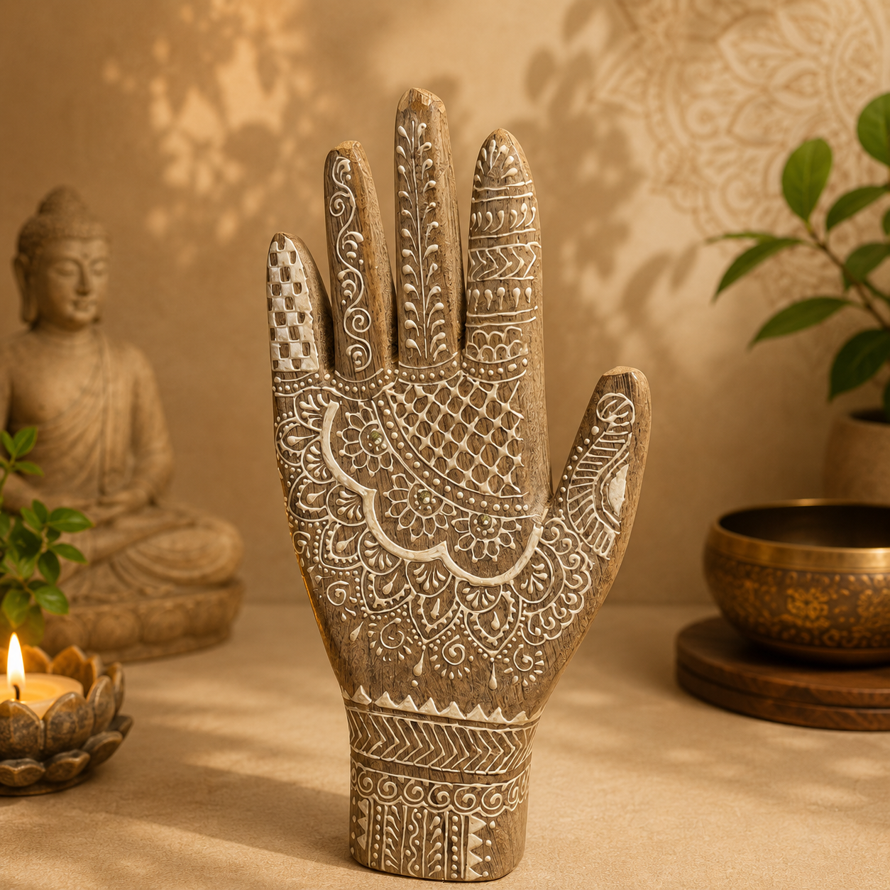 Henna art wooden hand sculpture displayed in a peaceful meditation and Buddhist-inspired décor setting.