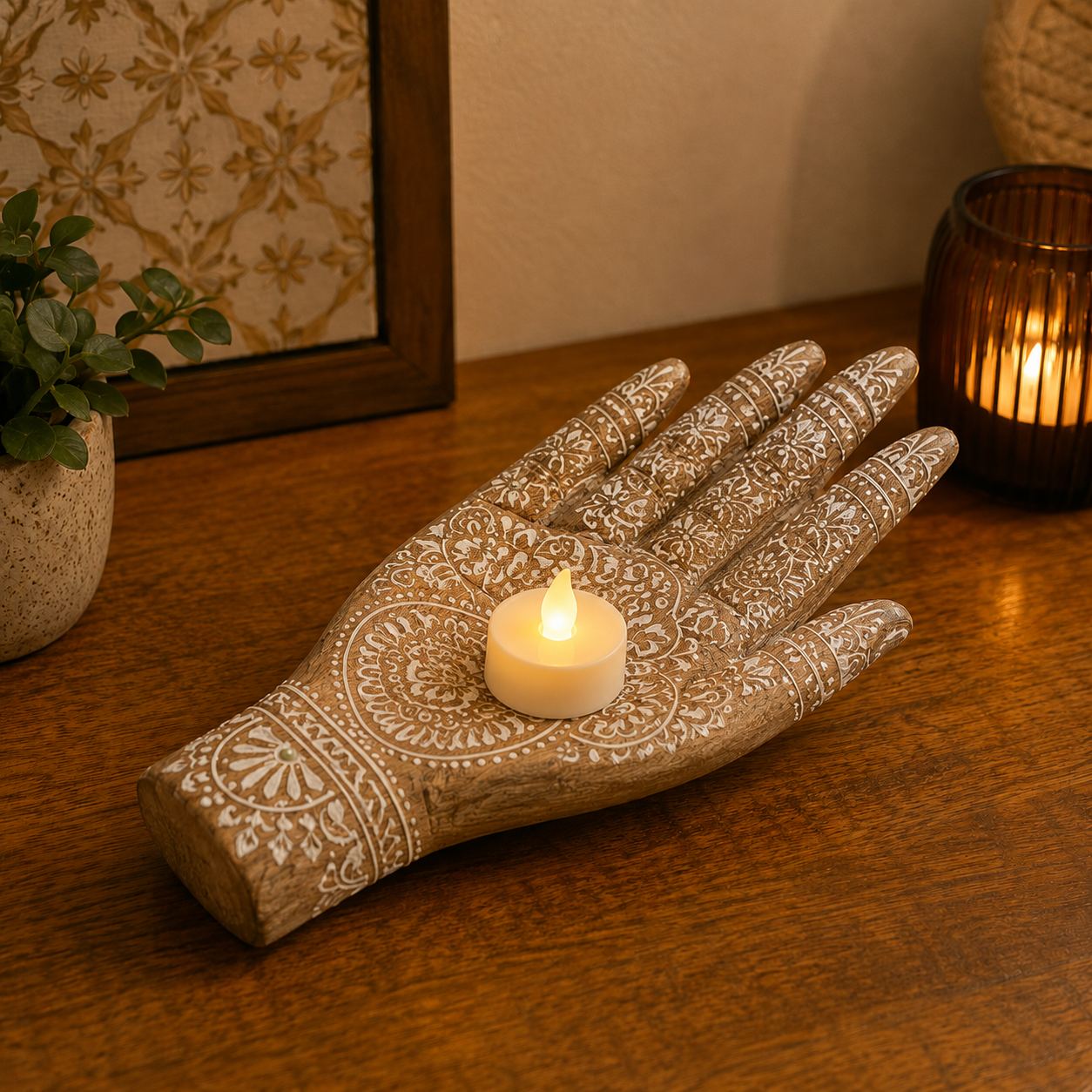 Hand-painted mango wood hand sculpture holding a tea light candle in a cozy home décor setting.