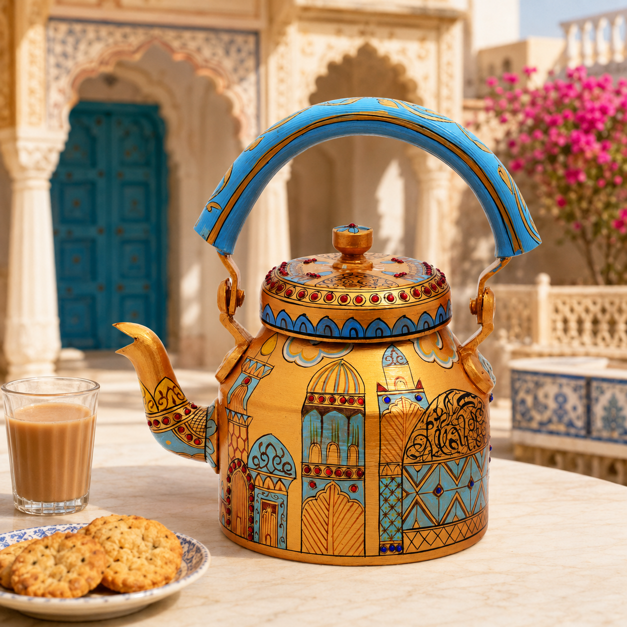 Hand Painted Mughal Miniature Tea Kettle – Islamic Architecture Inspired – Decorative Serving Teapot – Eid Gift