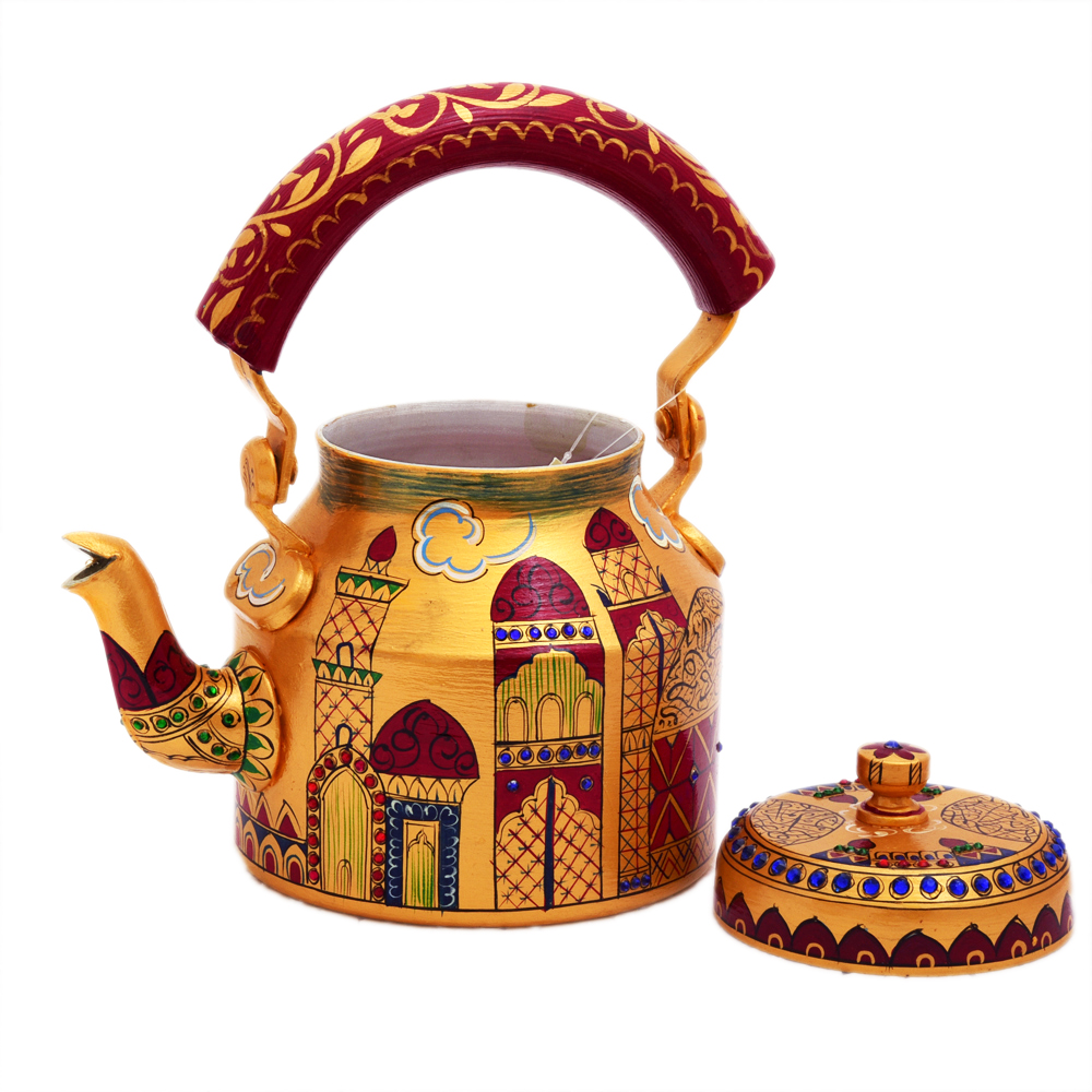 Luxury Hand Painted Mughal Tea Kettle, Islamic Art Serving Teapot, Crystal Embellished Eid Gift, Decorative Coffee Server