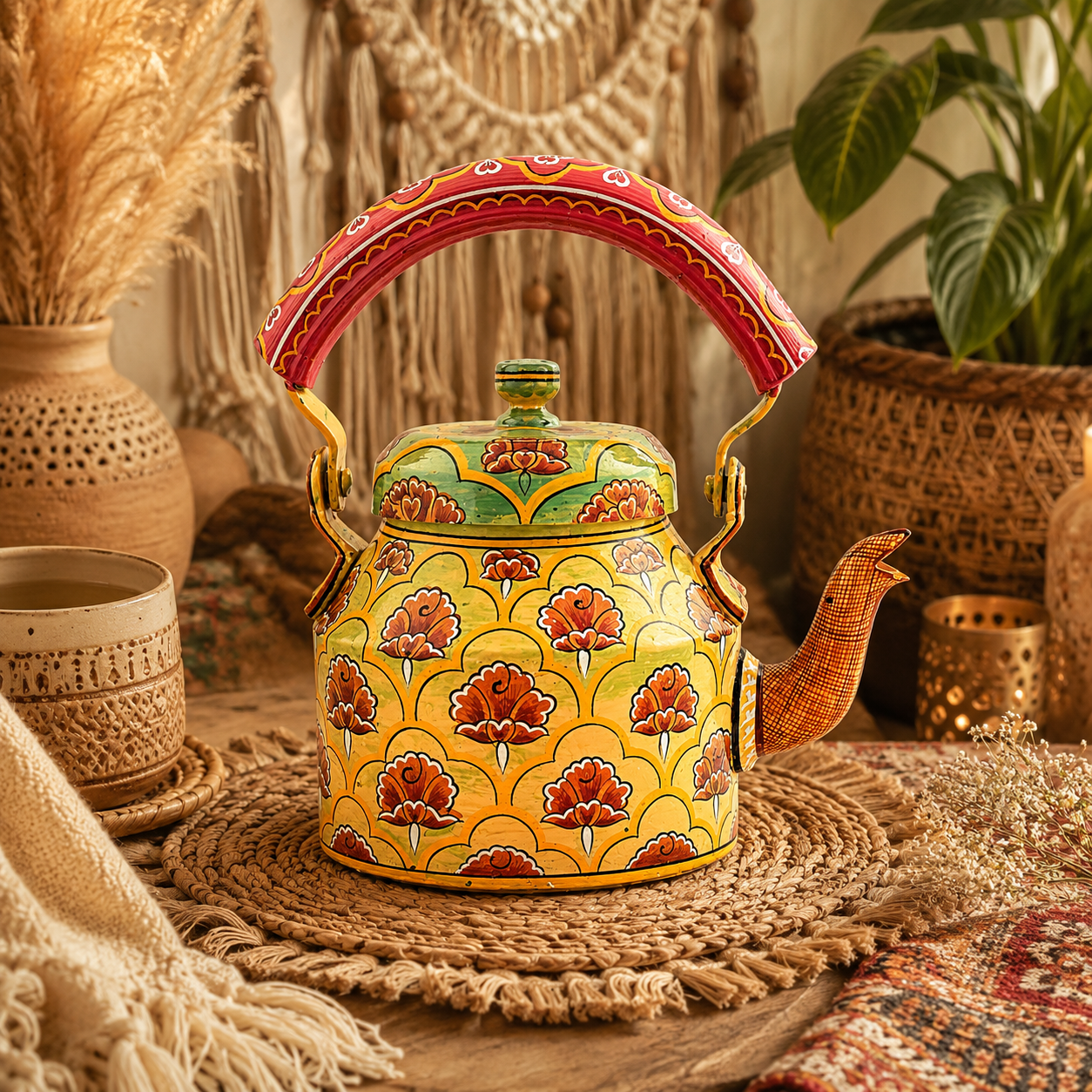 "Charming Hand-Painted Tea Kettle – Crafted from Food-Grade Metal"
