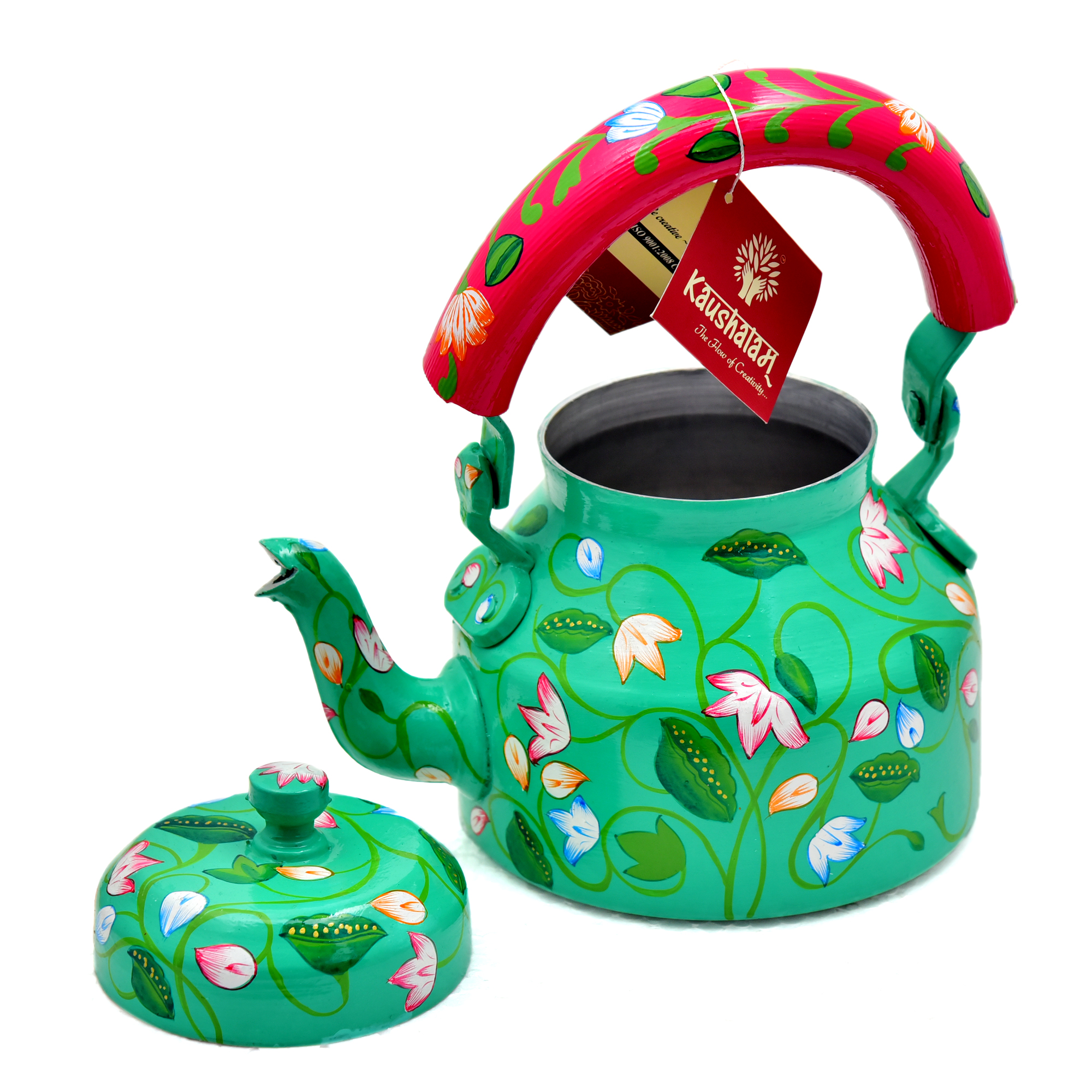"Rustic Handcrafted Tea Kettle – Vibrant Food Safe Paint Finish"