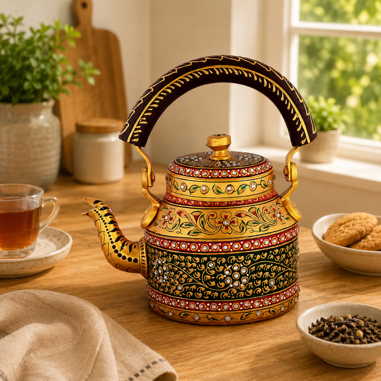 Hand-Painted Tea Kettle – Green & Gold