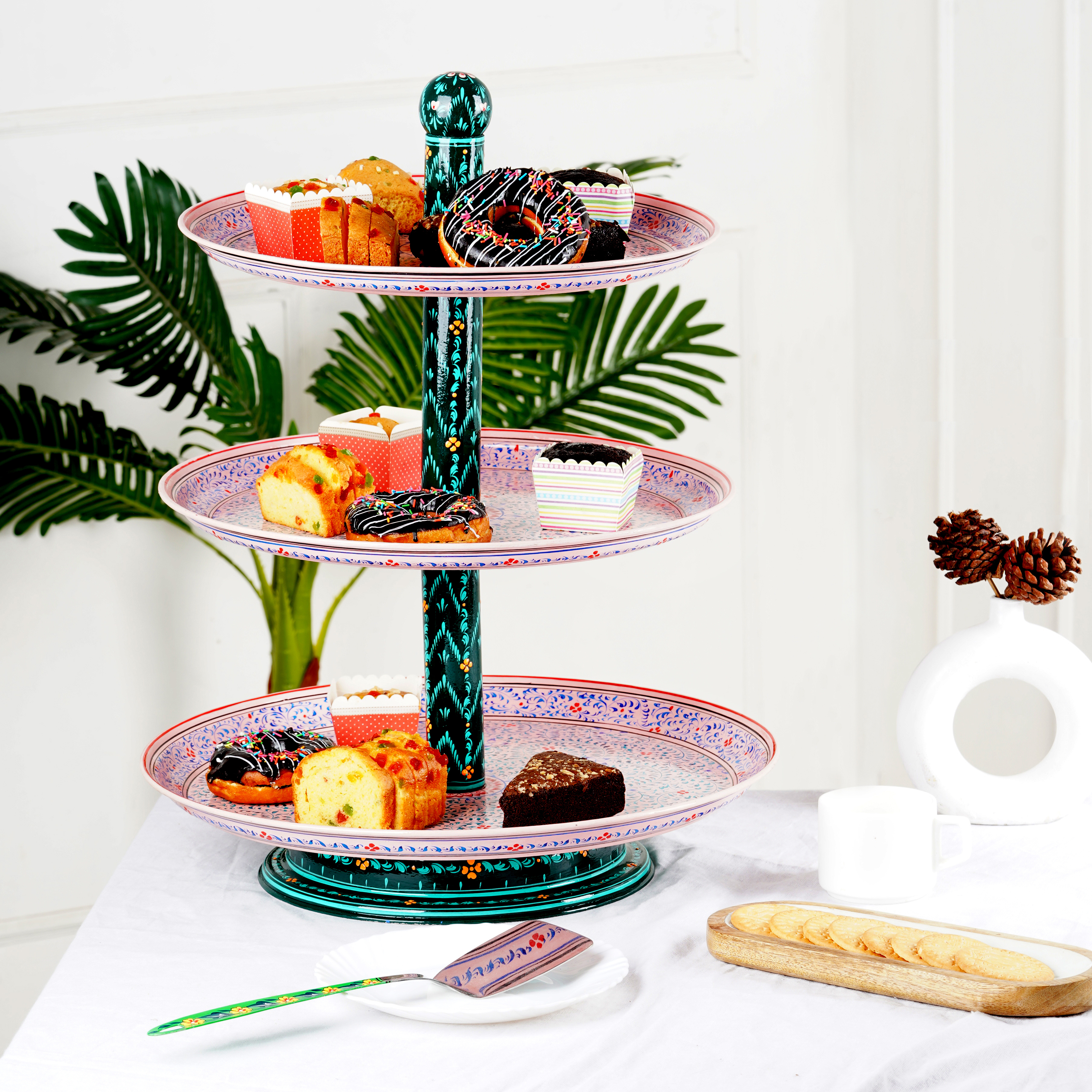 Hand-Painted 3-Tier Stainless Steel Serving Stand:Pink & Green Hand-Painted 3-Tier Stainless Steel Serving Stand:Pink & Green