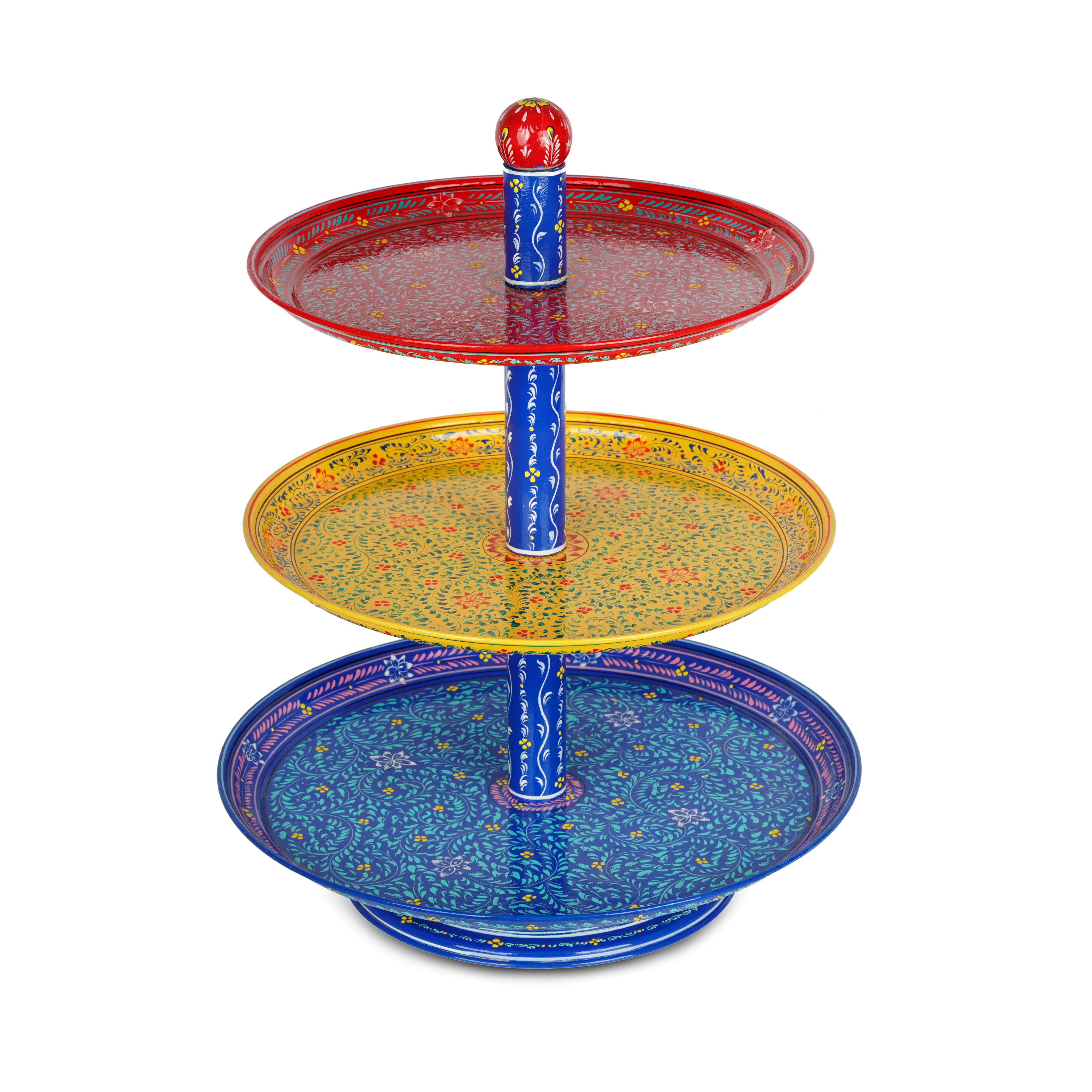 Hand-Painted 3-Tier Stainless Steel Serving Stand: Multi colored