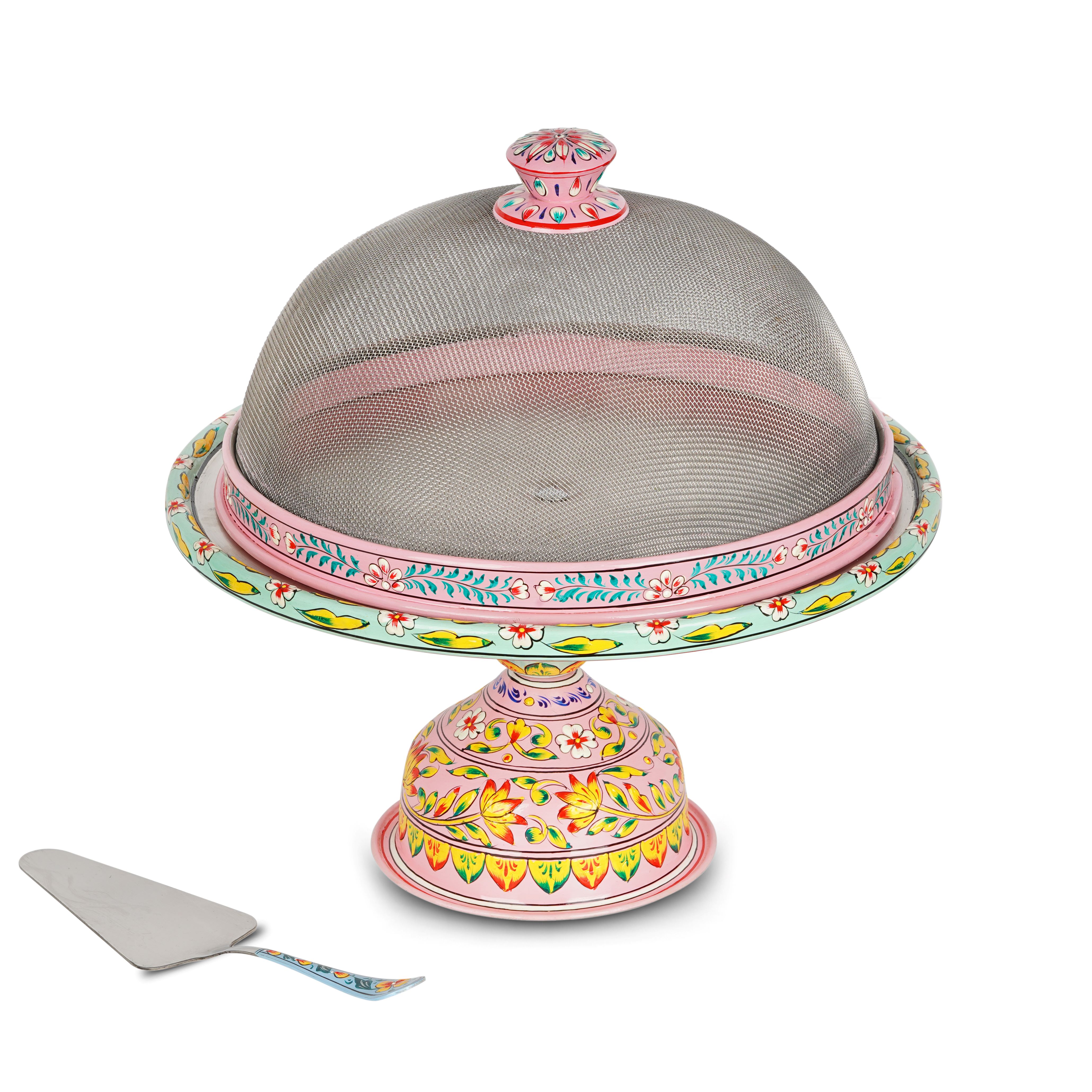 Hand-Painted Stainless Steel Cake Stand with Wire Mesh Dome – Functional Art for Your Table