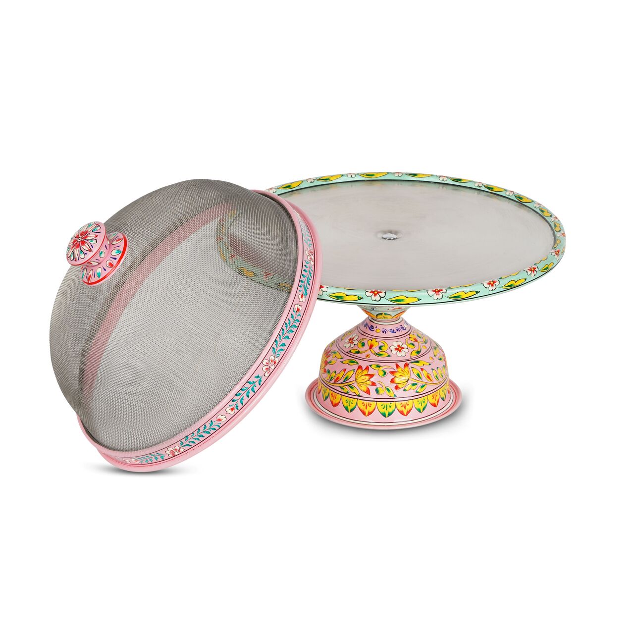 Hand-Painted Stainless Steel Cake Stand with Wire Mesh Dome – Functional Art for Your Table