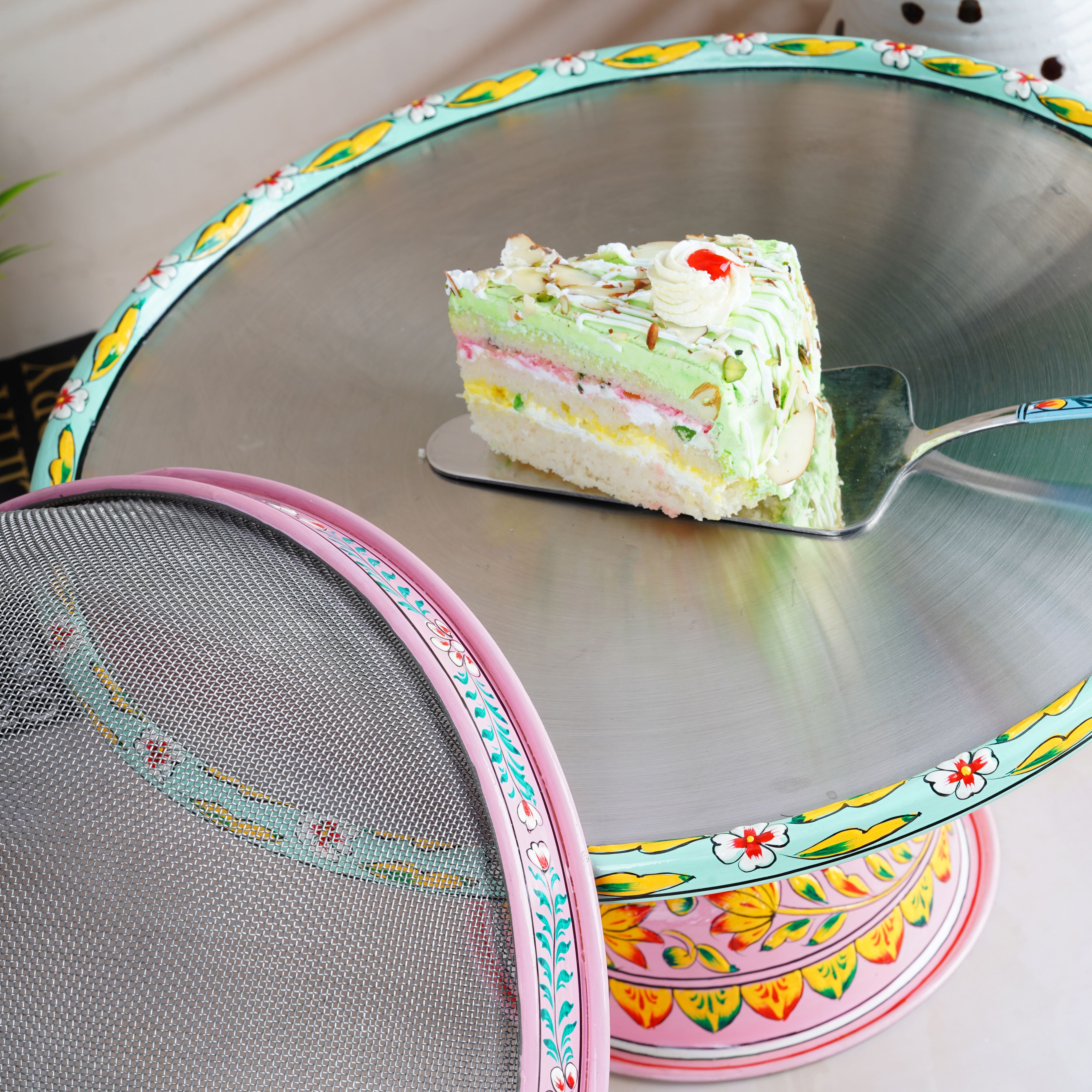 Hand-Painted Stainless Steel Cake Stand with Wire Mesh Dome – Functional Art for Your Table
