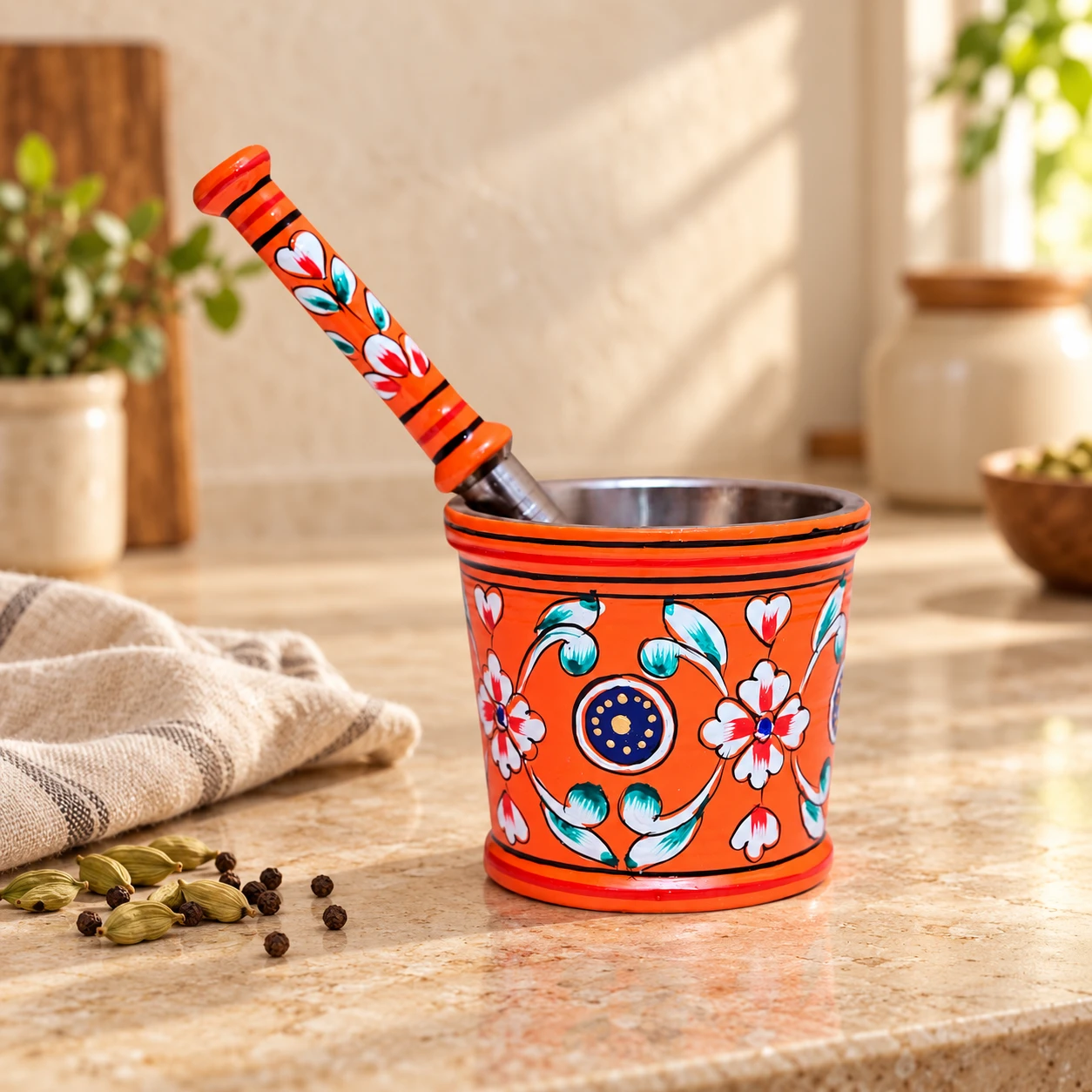Hand Painted Mortar & Pestle Orange