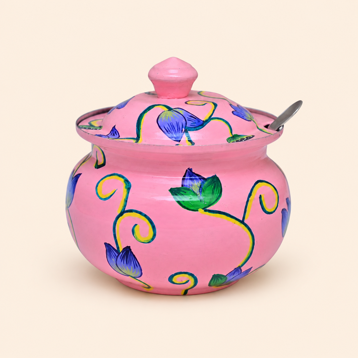 Hand painted stainless steel designer pickle pot with lid and spoon