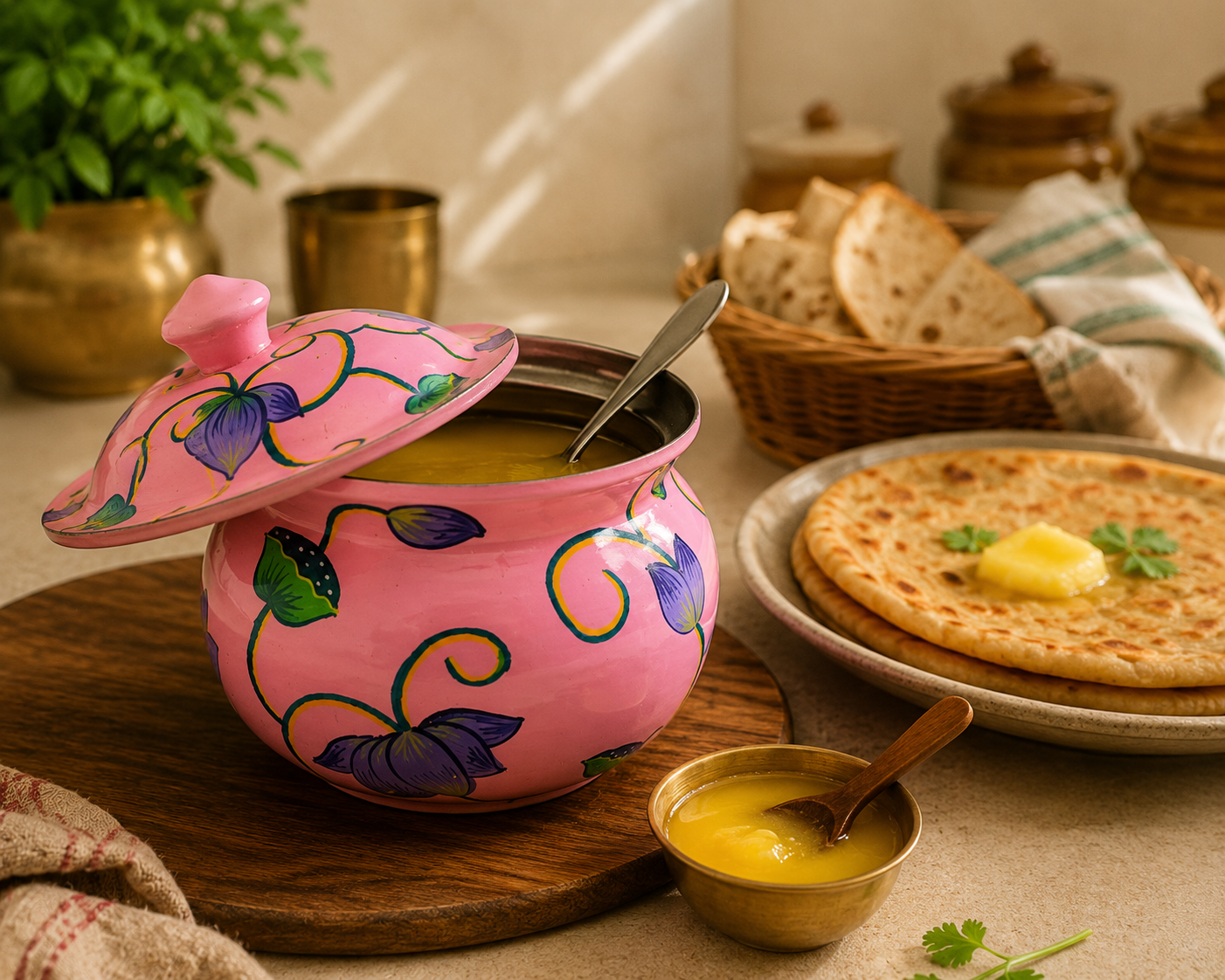 Hand painted stainless steel designer ghee pot with lid and spoon