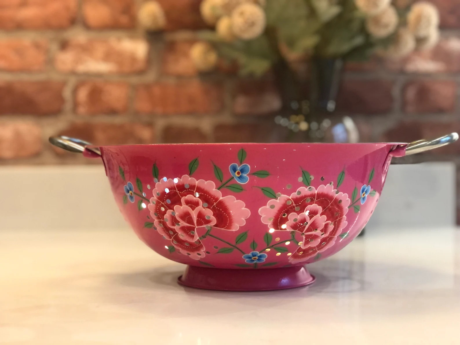 Hand-Painted Floral Metal Colander – Pink Hand-Painted Floral Metal Colander – Pink