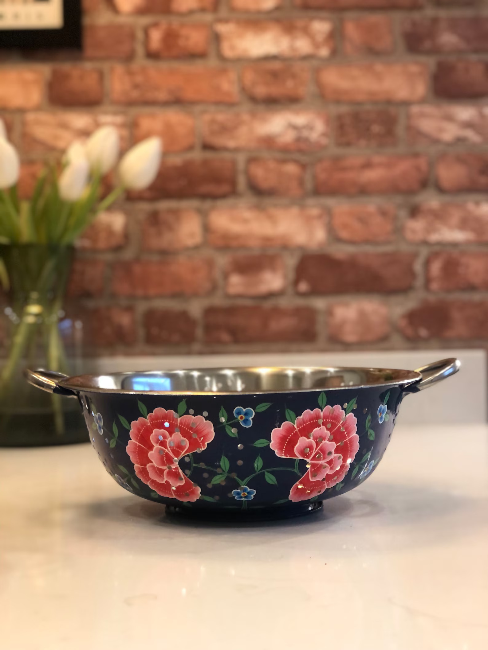 Hand-Painted Floral Metal Colander – Blue Hand-Painted Floral Metal Colander – Blue