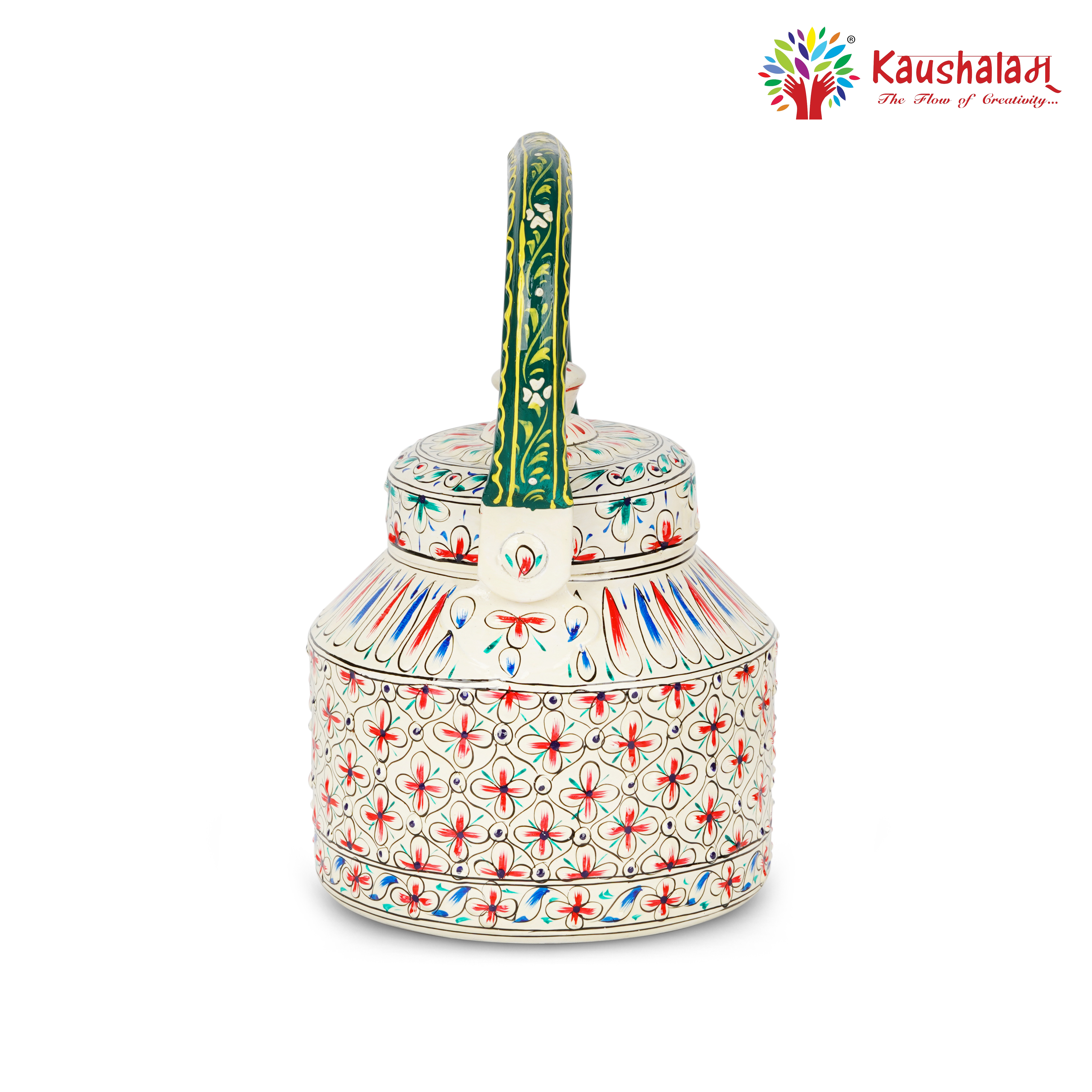 Stainless Steel Tea Kettle with Vibrant Hand-Painted Indian Designs:  Shweta- The Delicate White