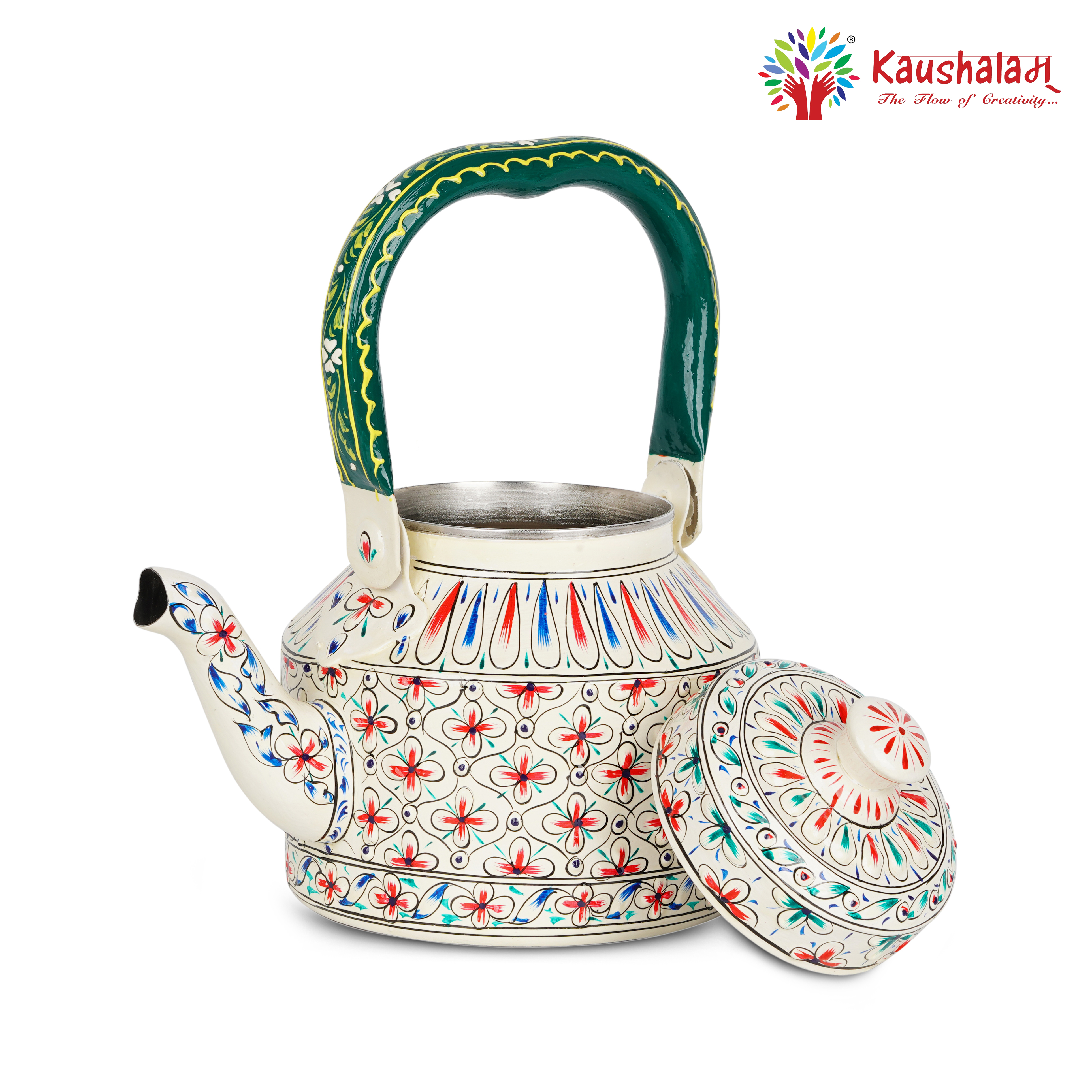 Stainless Steel Tea Kettle with Vibrant Hand-Painted Indian Designs:  Shweta- The Delicate White